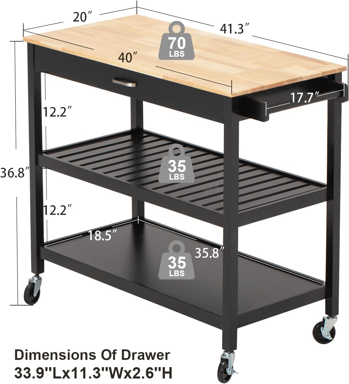 ANPOO 3 Tier Kitchen Island Carts on Wheels with Storage, Mobile Rolling Cart with Large Capacity Storage Drawers, Towel Rack, Rubber wood Top, for Kitchen and Dining Room(Black)