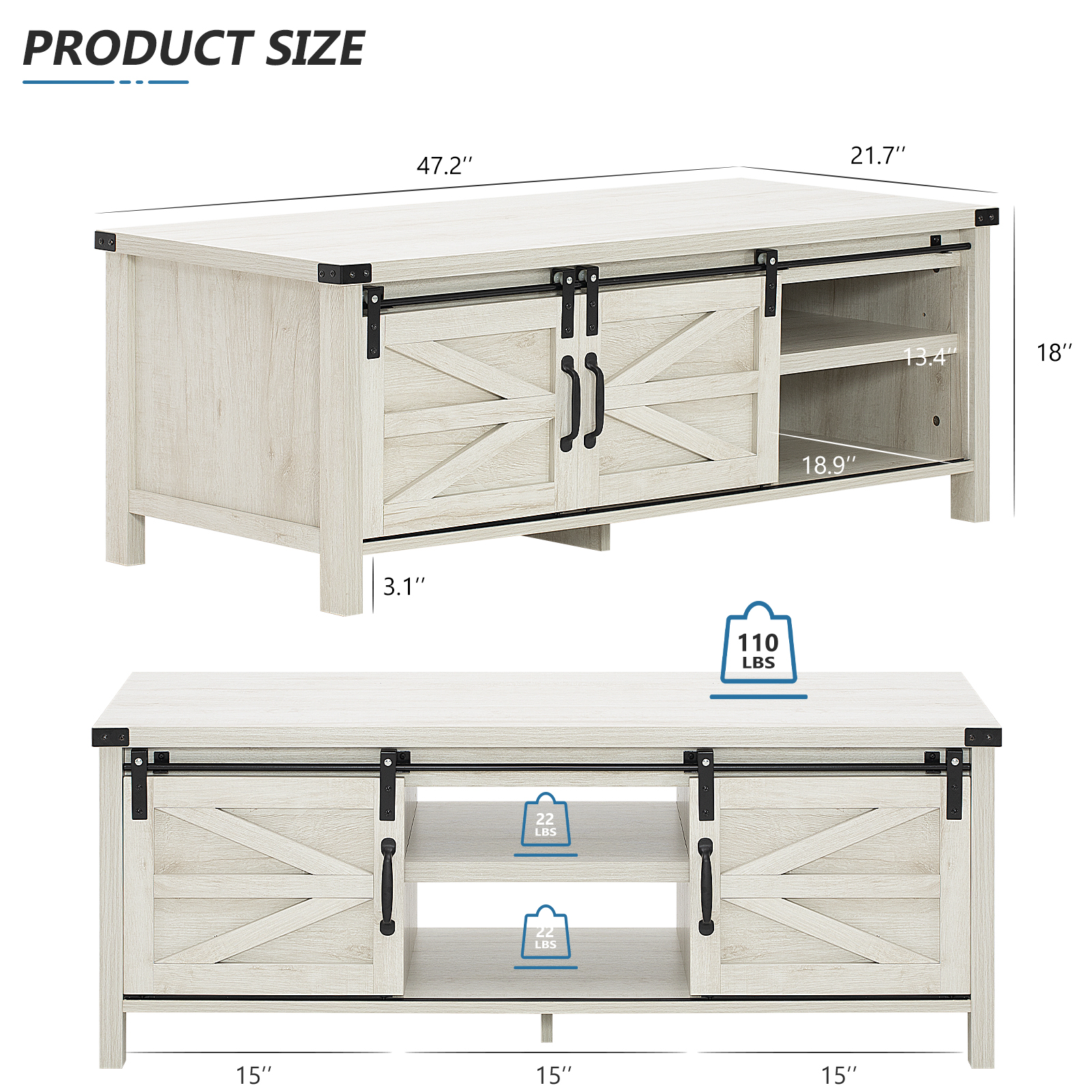 48" Modern Farmhouse Coffee Table with Adjustable Storage Cabinets Shelves, Modern Coffee Table for Living Room with Sliding Barn Door