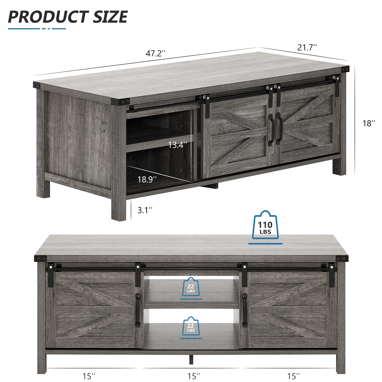 48" Modern Farmhouse Coffee Table with Adjustable Storage Cabinets Shelves, Modern Coffee Table for Living Room with Sliding Barn Door