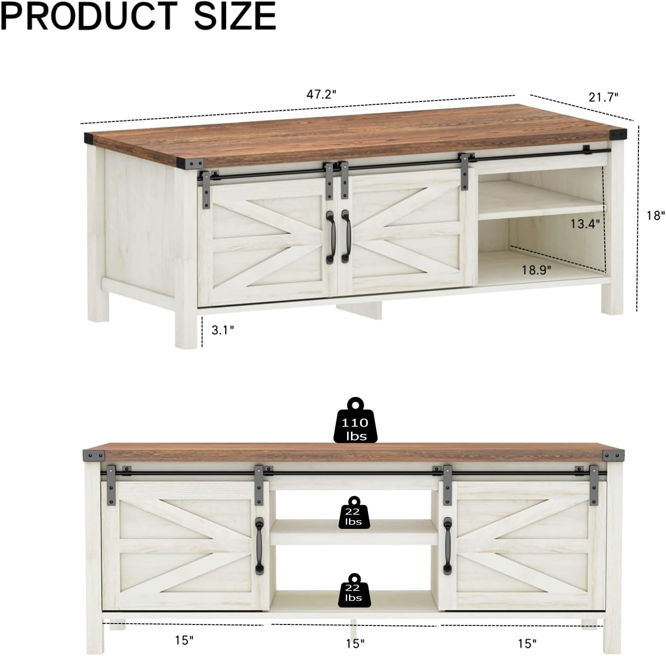 48" Modern Farmhouse Coffee Table with Adjustable Storage Cabinets Shelves, Modern Coffee Table for Living Room with Sliding Barn Door