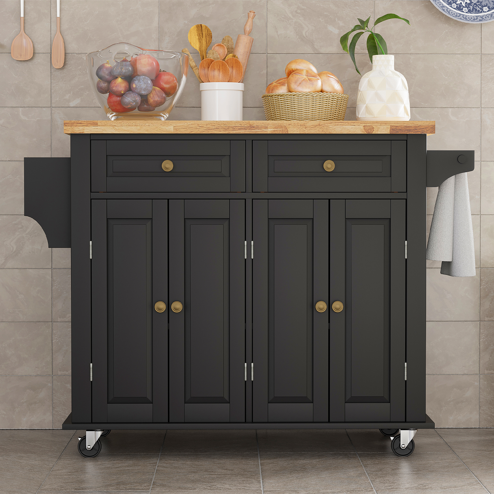 CAIDI Rolling Kitchen Island, Kitchen Cart with Rubber wood Countertop, Lockable Casters, Adjustable Shelves, Matte
