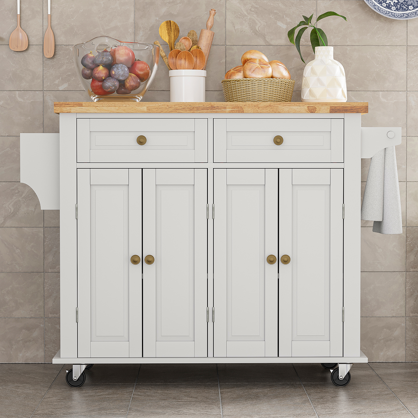 CAIDI Rolling Kitchen Island, Kitchen Cart with Rubber wood Countertop, Lockable Casters, Adjustable Shelves, Matte