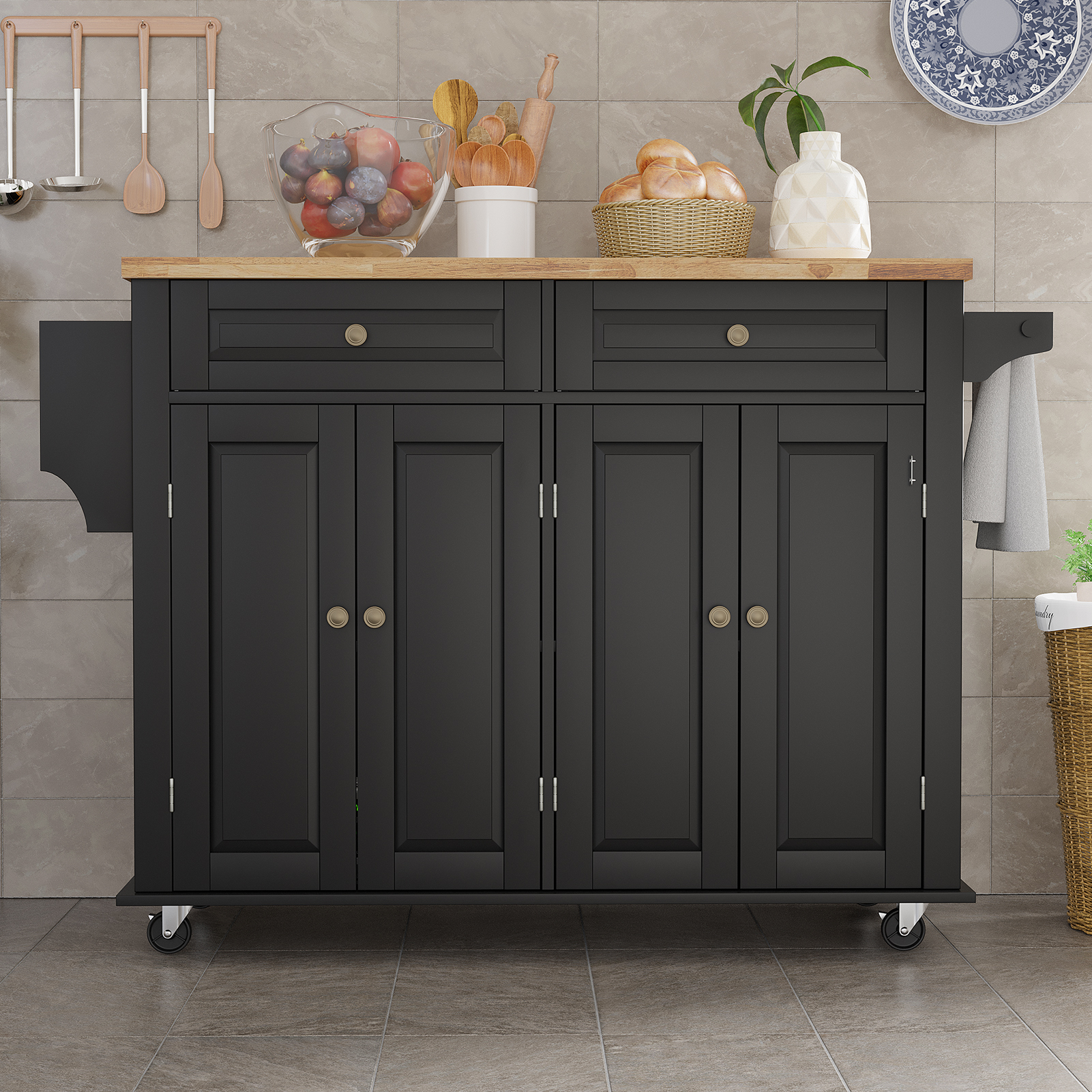 CAIDI Rolling Kitchen Island with Drop Leaf, Kitchen Cart with Rubber wood Countertop, Lockable Casters, Adjustable Shelves, Matte(Black-51.2"x29.5"x35.8")