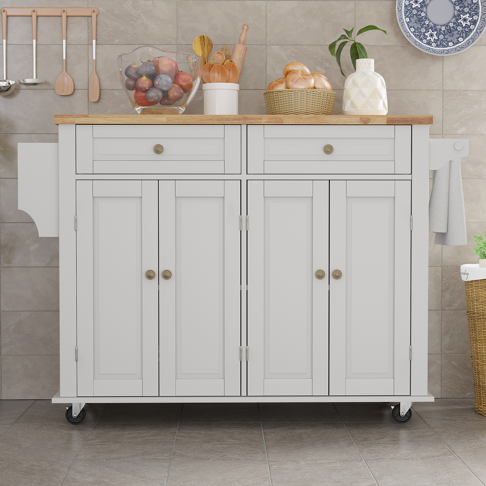 CAIDI Rolling Kitchen Island with Drop Leaf, Kitchen Cart with Rubber wood Countertop, Lockable Casters, Adjustable Shelves, Matte(Black-51.2"x29.5"x35.8")