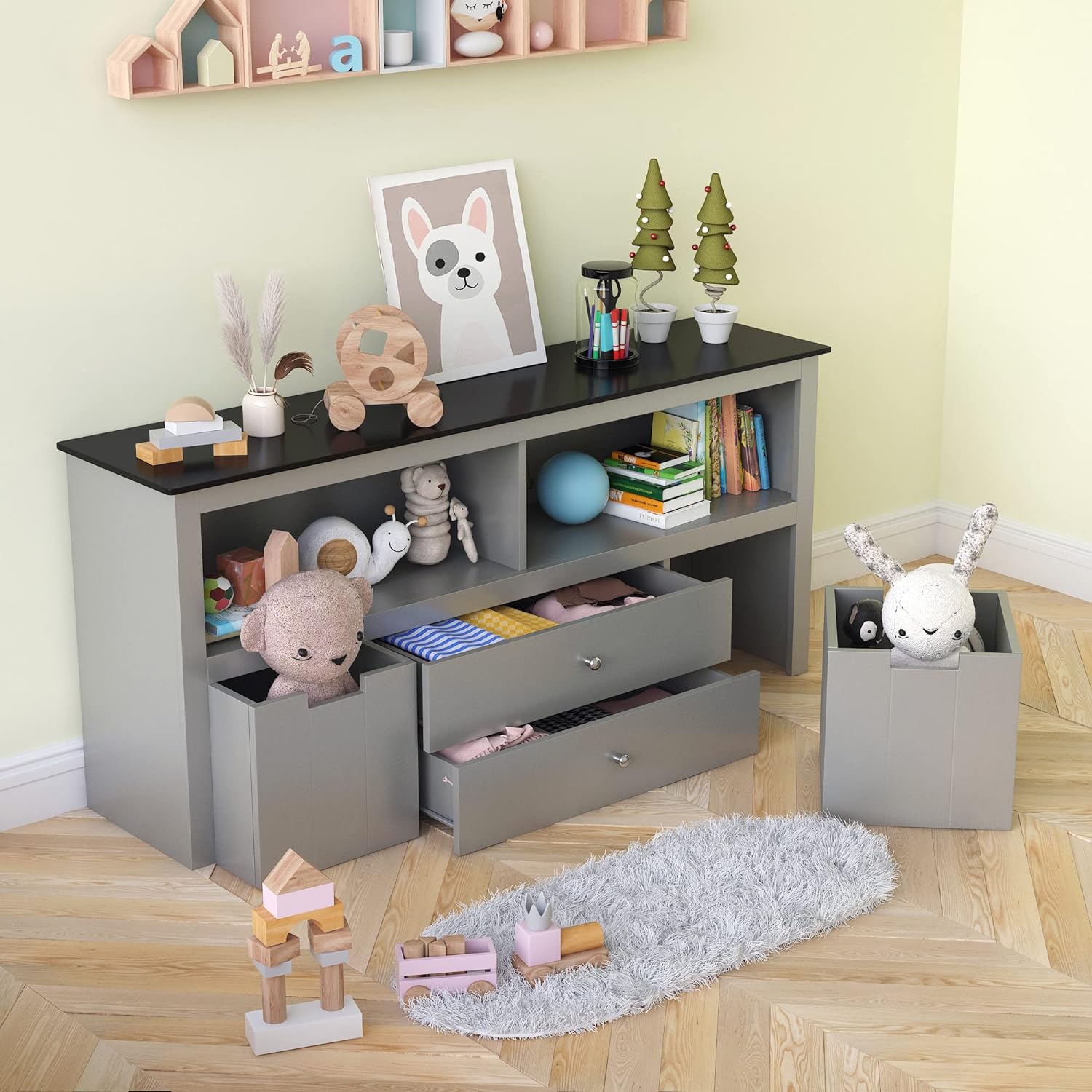 Yaoping Kids Toy Storage Organizer for Kids Room Organizers and Storage, 3 Storage Bins and Open Shelf for Playroom Storage