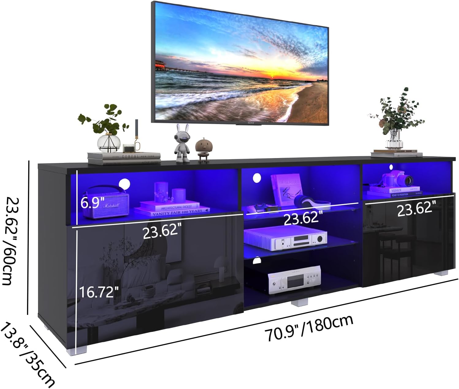 ChVans LED TV Stand for 70/75/80 inch, High Glass Modern Entertainment Center with LED Lights and Glossy Cabinets