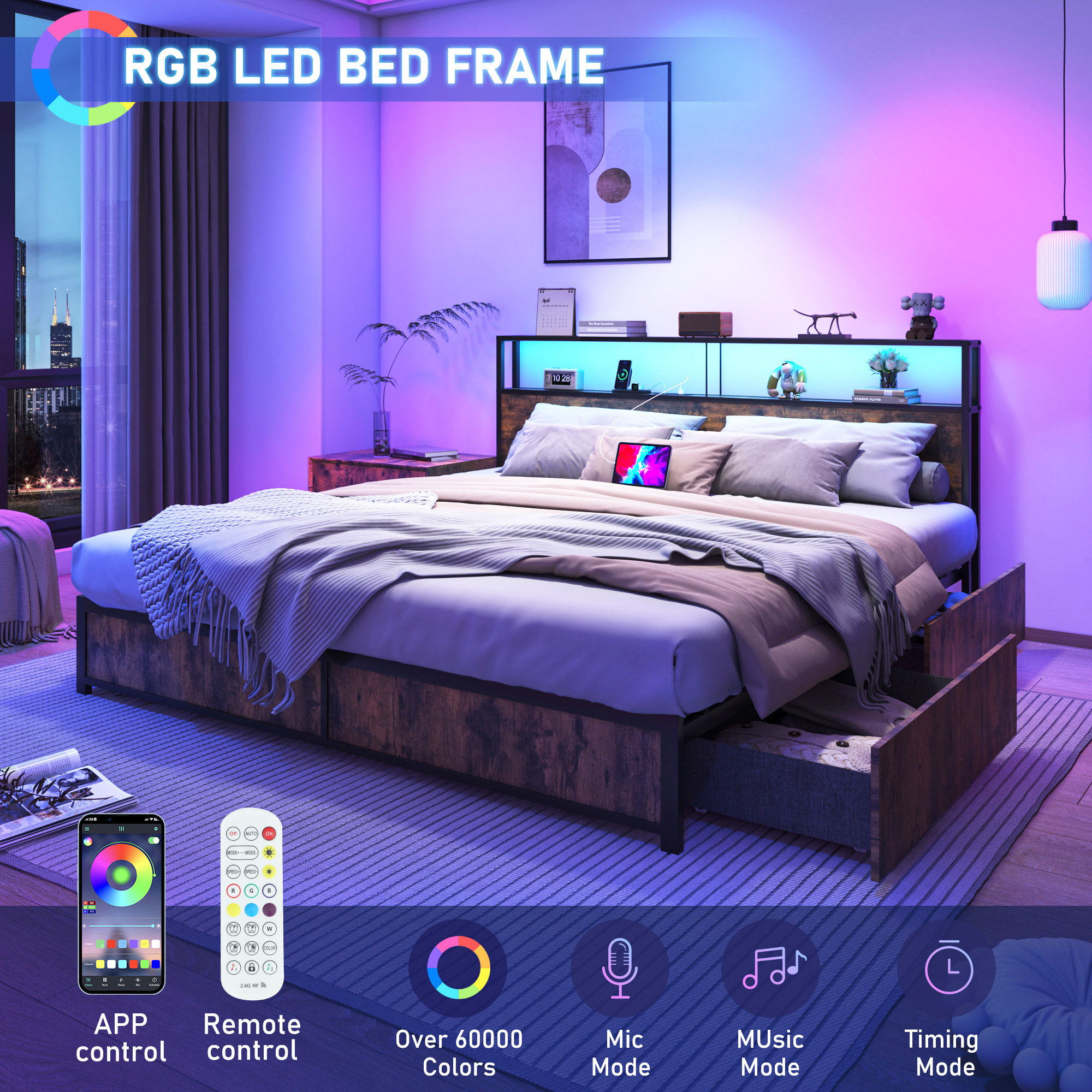 LED Bed Frame with Outlets USB Ports, Metal Platform Bed with Storage Headboard & 4 Large Drawers, No Box Spring Needed