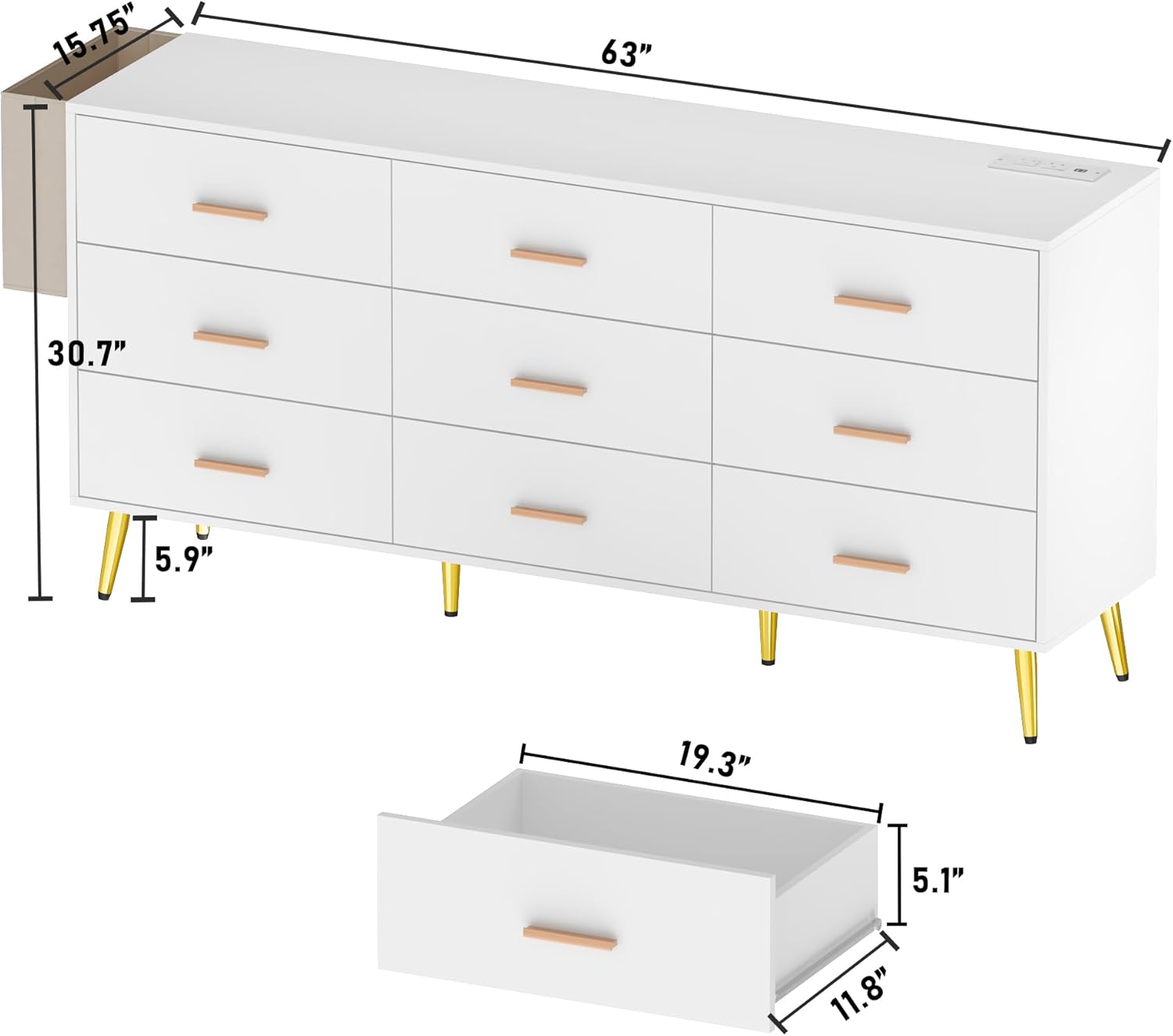 Yaoping 9 Drawer Dresser for Bedroom, Modern Wood Dresser with Wide Drawers and Metal Handles, Storage Chest of Drawers for Living Room Hallway Entryway