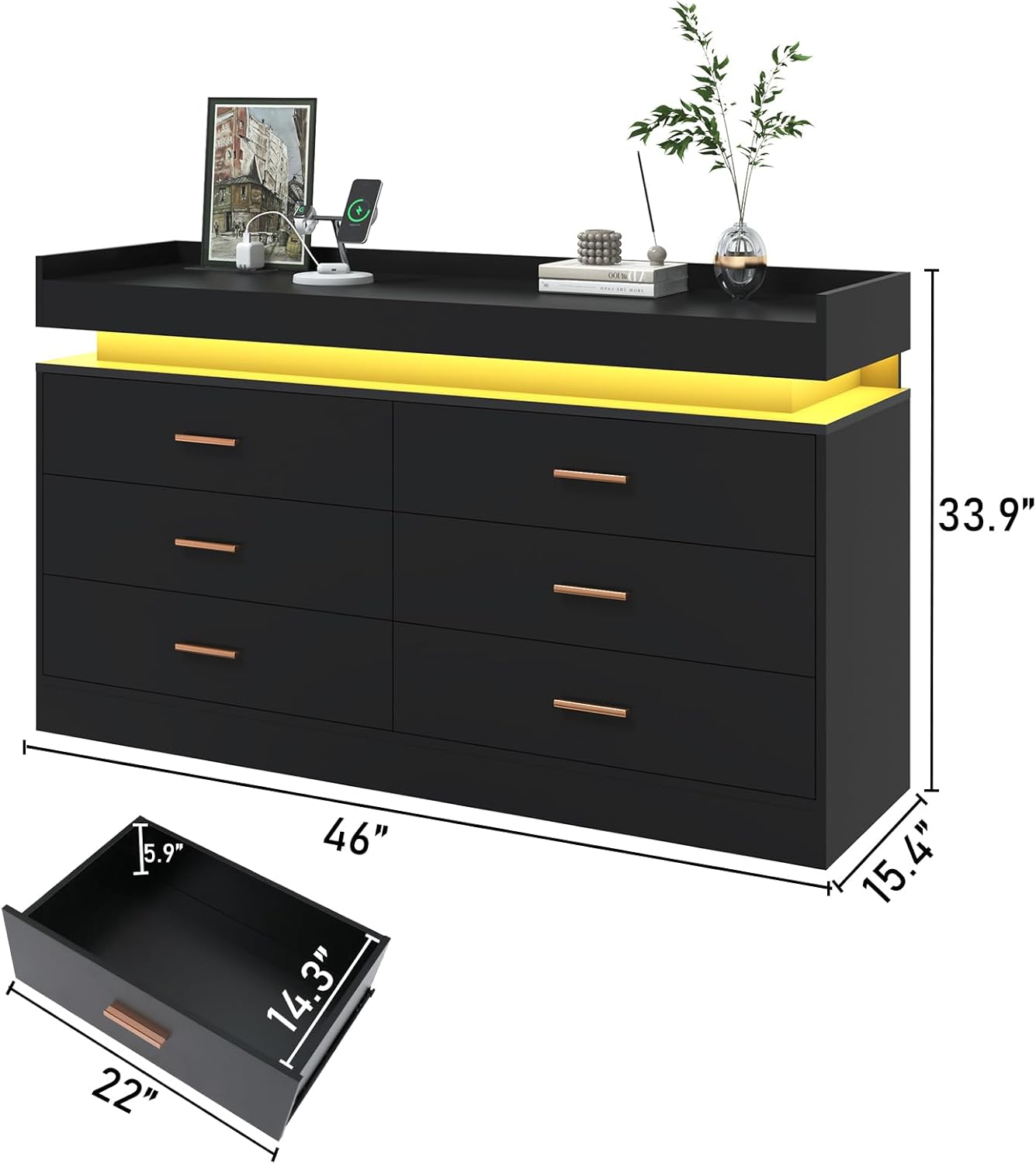 ANPOO 6 Drawer Dresser with Charging Station and LED Lights, Modern Wood Dresser with Wide Drawers and Metal Handles for Bedroom, Living Room