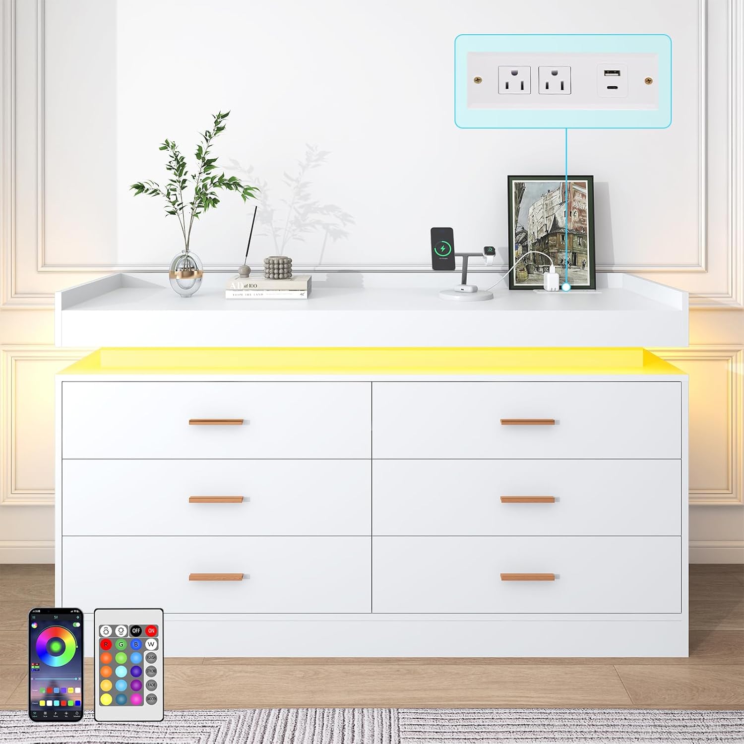 ANPOO 6 Drawer Dresser with Charging Station and LED Lights, Modern Wood Dresser with Wide Drawers and Metal Handles for Bedroom, Living Room