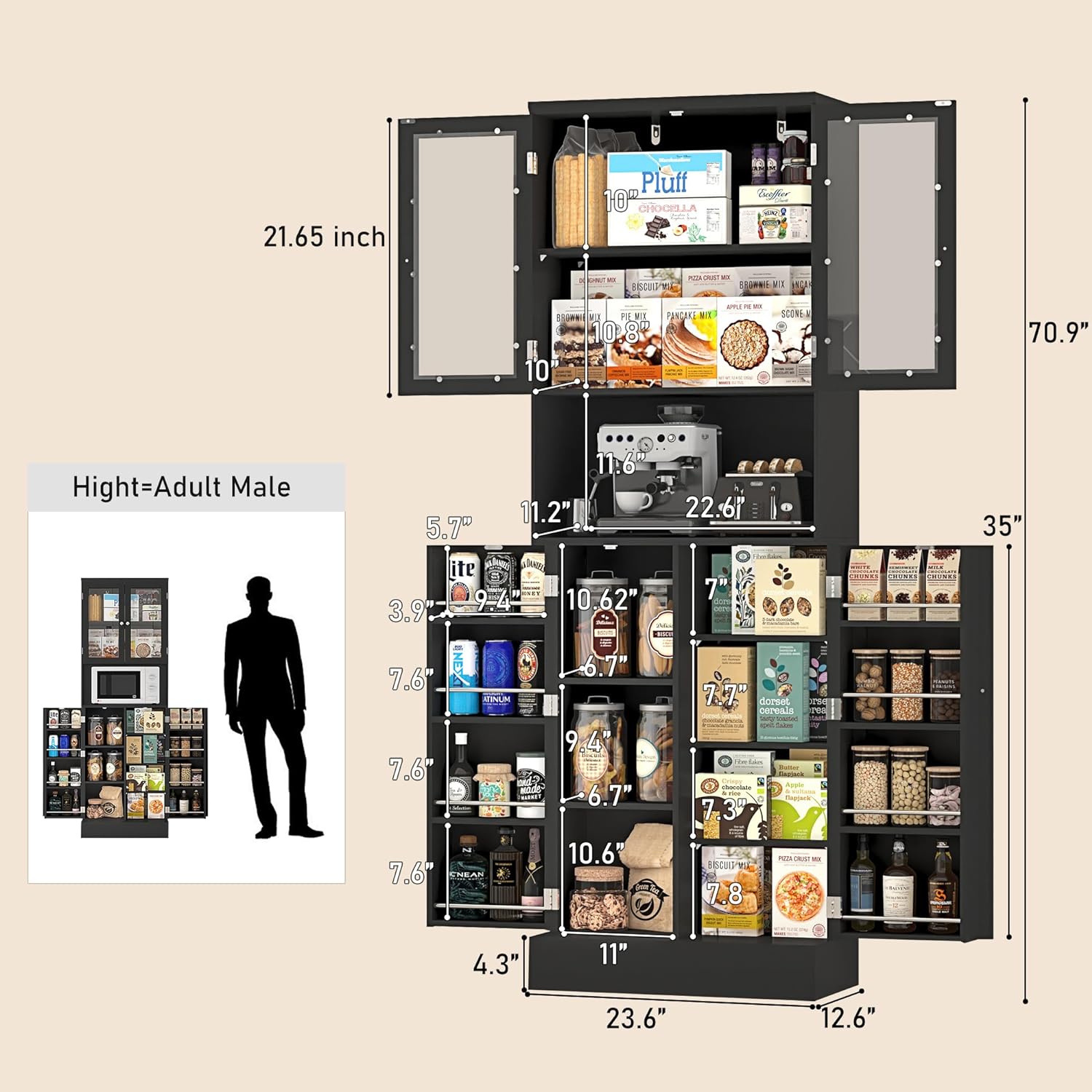ChVans 71" Tall Pantry Cabinet, Storage Cabinet with Glass Doors and Microwave Stand, Freestanding Kitchen Hutch Food Pantry Cabinet with Adjustable Shelves for Kitchen Dining, Living Room