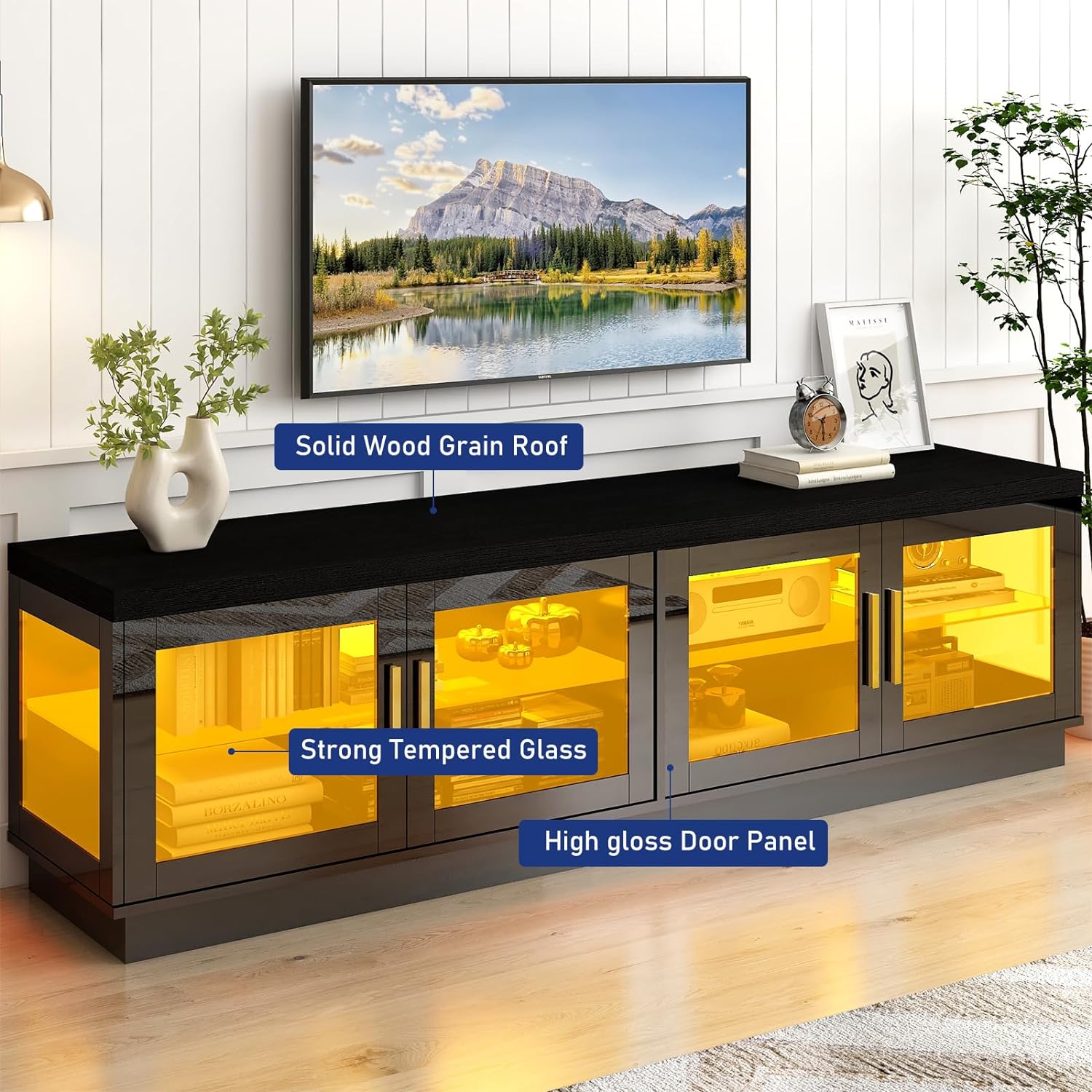 ChVans 70" TV Stand for TVs up to 85", High Glossy Entertainment Center with Storage Cabinet, Modern TV Console Media Cabinet for Living Room, Bedroom(Black)