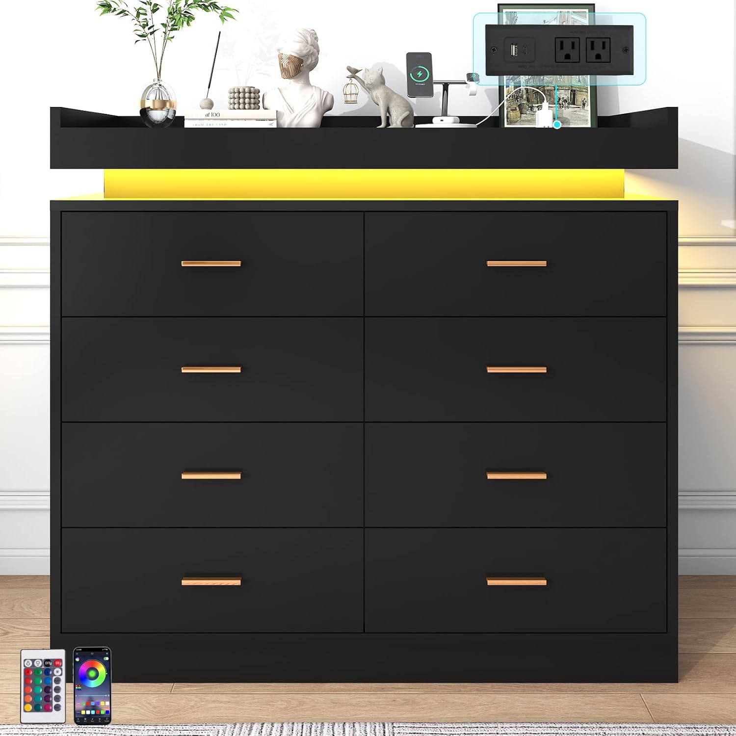 ANPOO 8 Drawer Dresser with Charging Station and LED Lights, Modern Wood Dresser with Wide Drawers and Metal Handles for Bedroom, Living Room