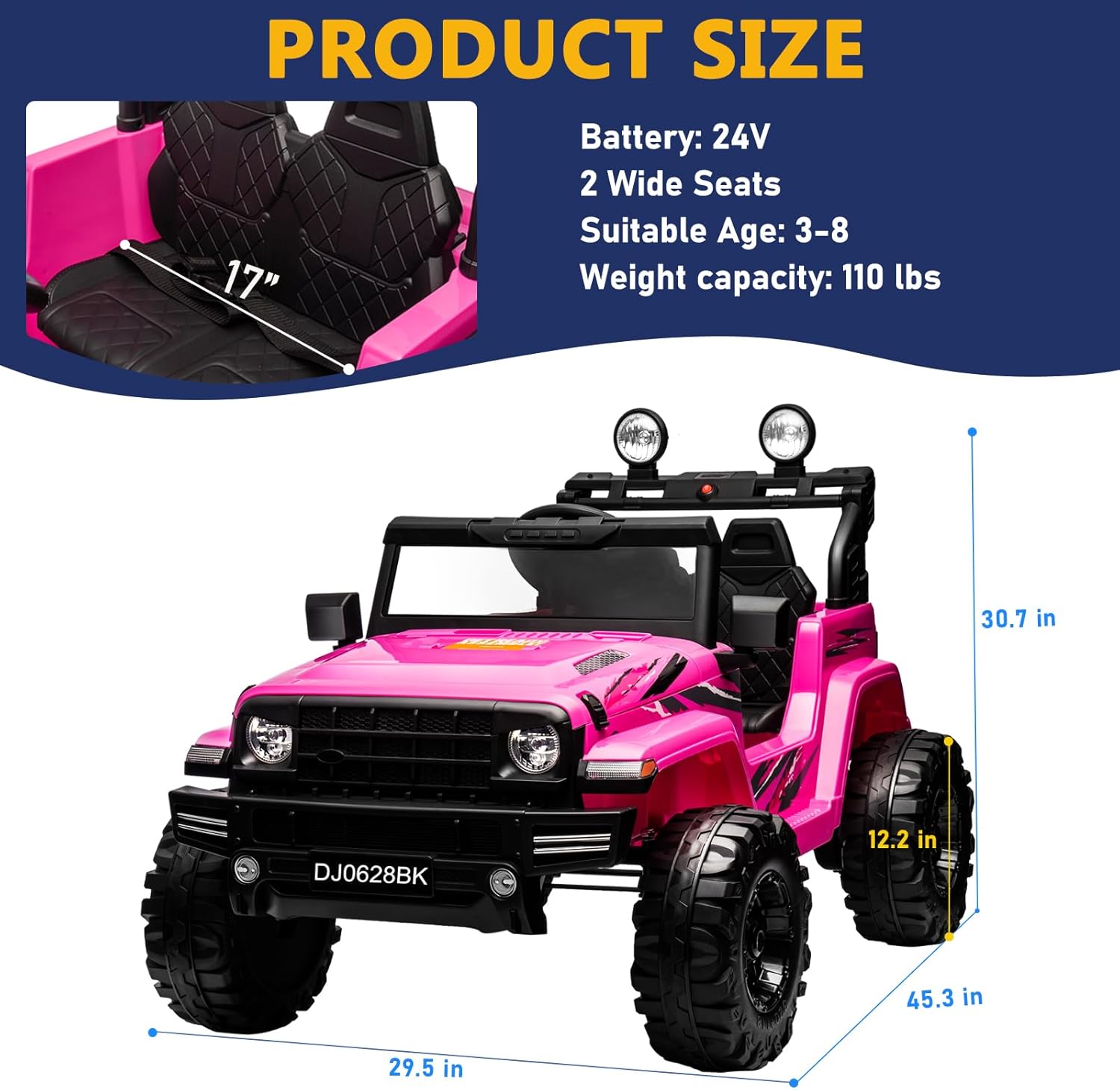 24V Kids Electric Ride on Car, 2-Seat Battery Powered Toy with LED Lights and Remote Control, Battery Powered Wheels Truck with USB Ports, MP3 Player, for Boys, Girls