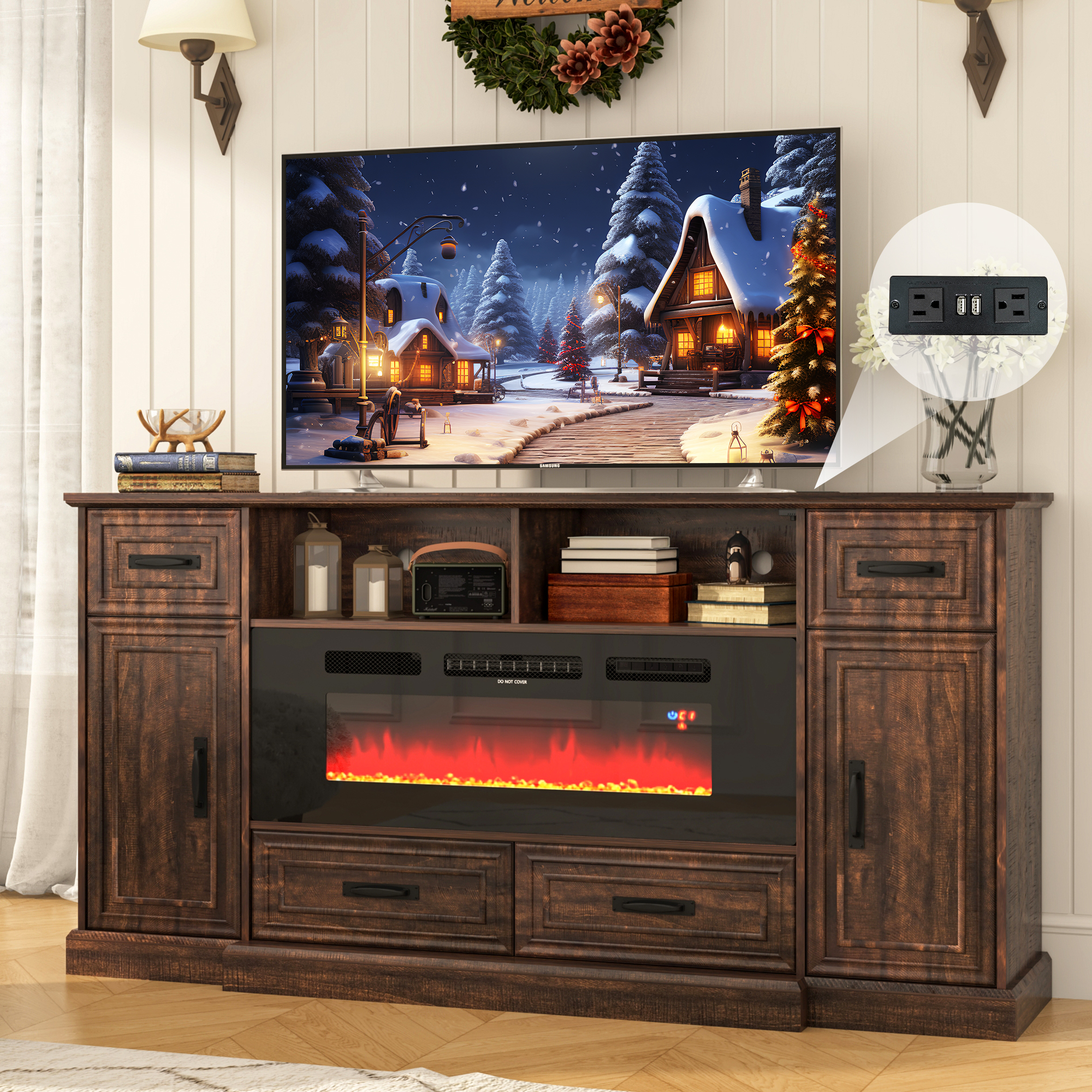 ChVans Farmhouse Fireplace TV Stand for 80" TV, Entertainment Center with 40'' Electric Fireplace & LED Lights, Modern Media Console with Storage Drawers & Cabinets & Power Outlets, Antique Brown