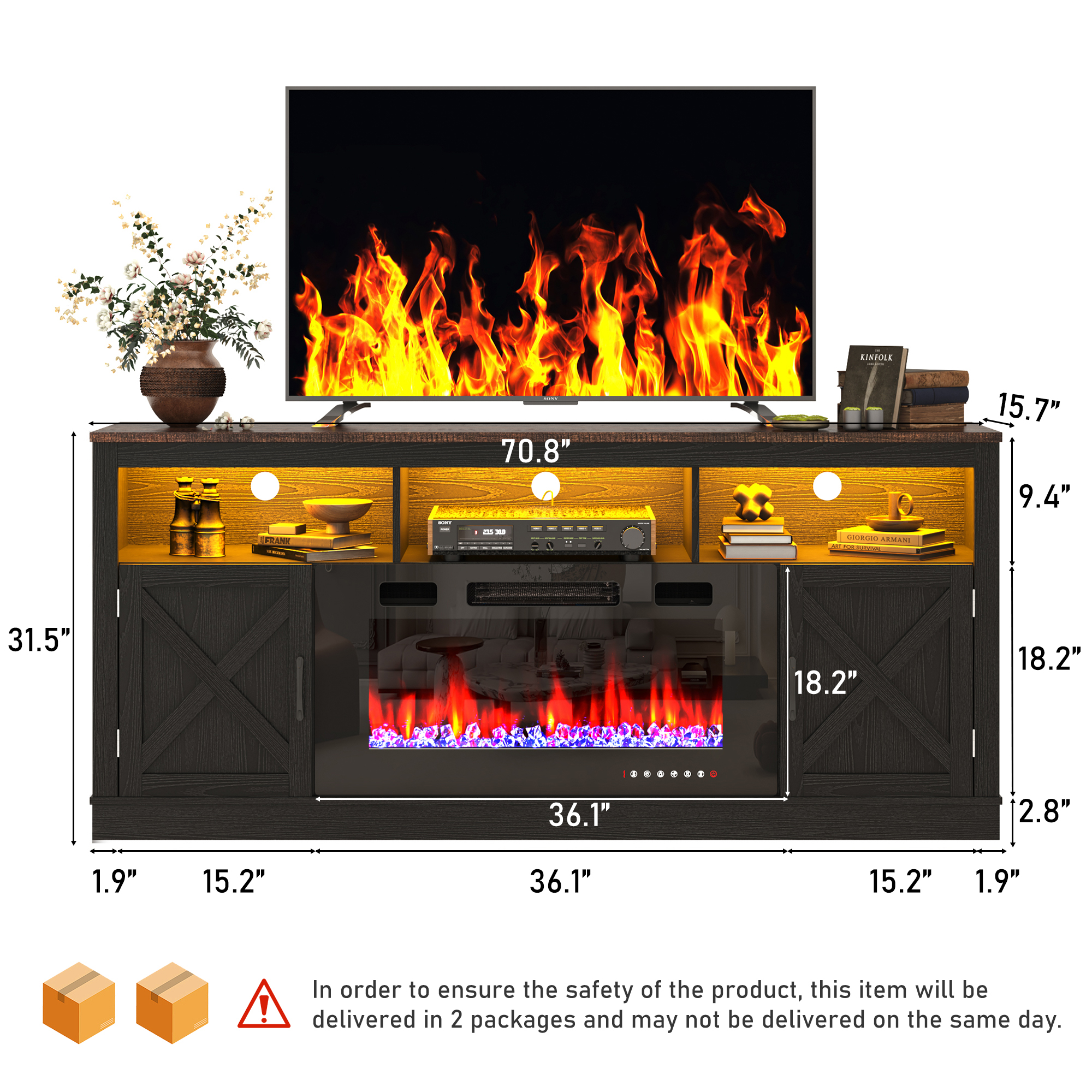 ChVans 70" Fireplace TV Stand for TVs up to 80" with 36" Electric Fireplace, Farmhouse Entertainment Center with LED, Wooden Media Console for Living Room, Bedroom(Grey)