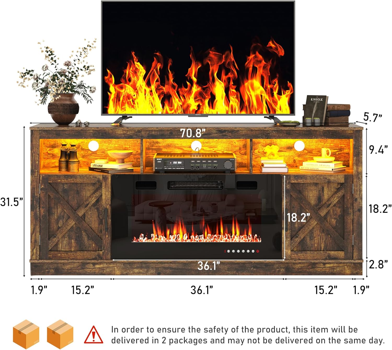 ChVans 70" Fireplace TV Stand for TVs up to 80" with 36" Electric Fireplace, Farmhouse Entertainment Center with LED, Wooden Media Console for Living Room, Bedroom(Grey)