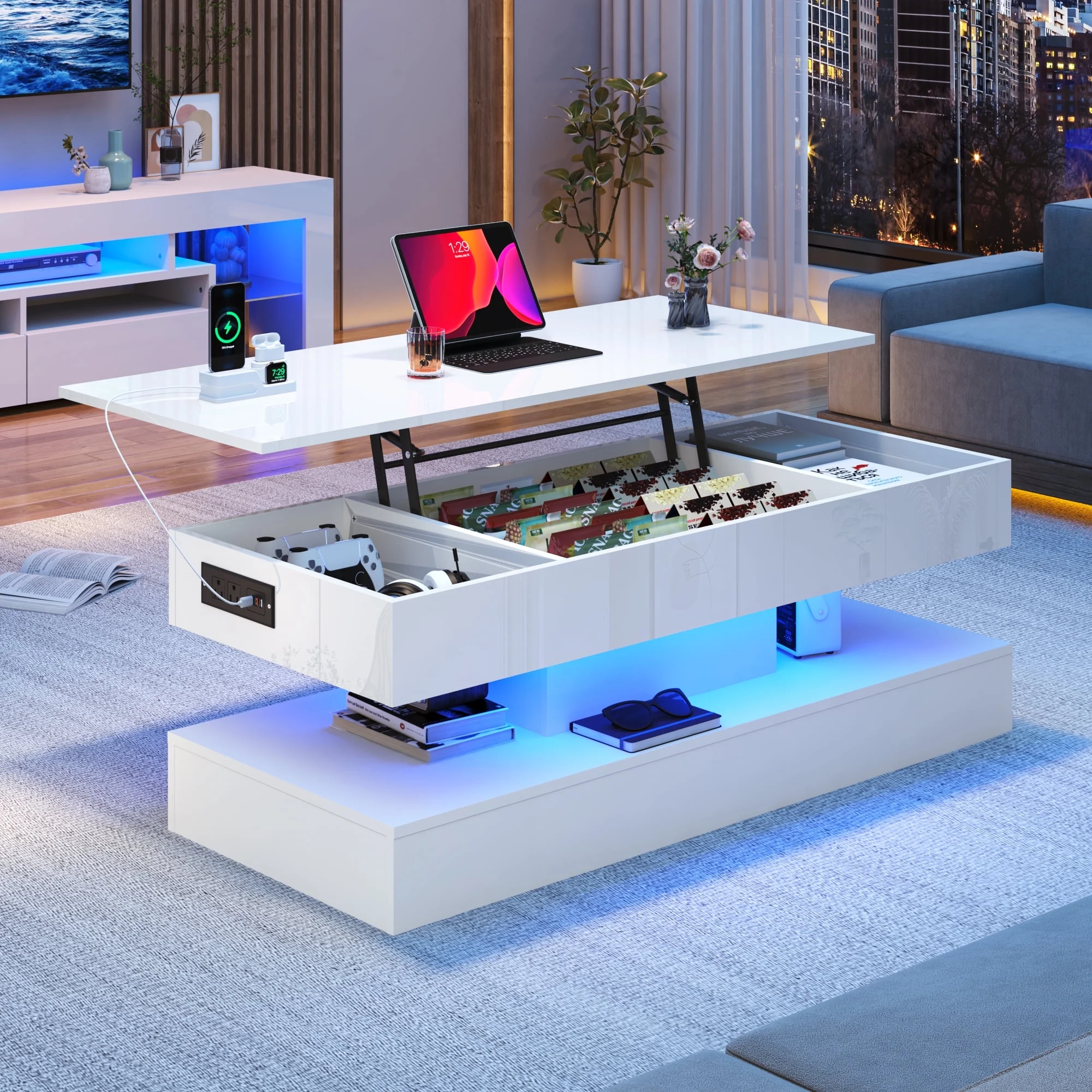 ChVans 47" Large Lift Top Coffee Table with Charging Station & LED Lights, High Glossy White LED Coffee Table with Hidden Compartment Storage, Modern Living Room Tables w/Marbling Print
