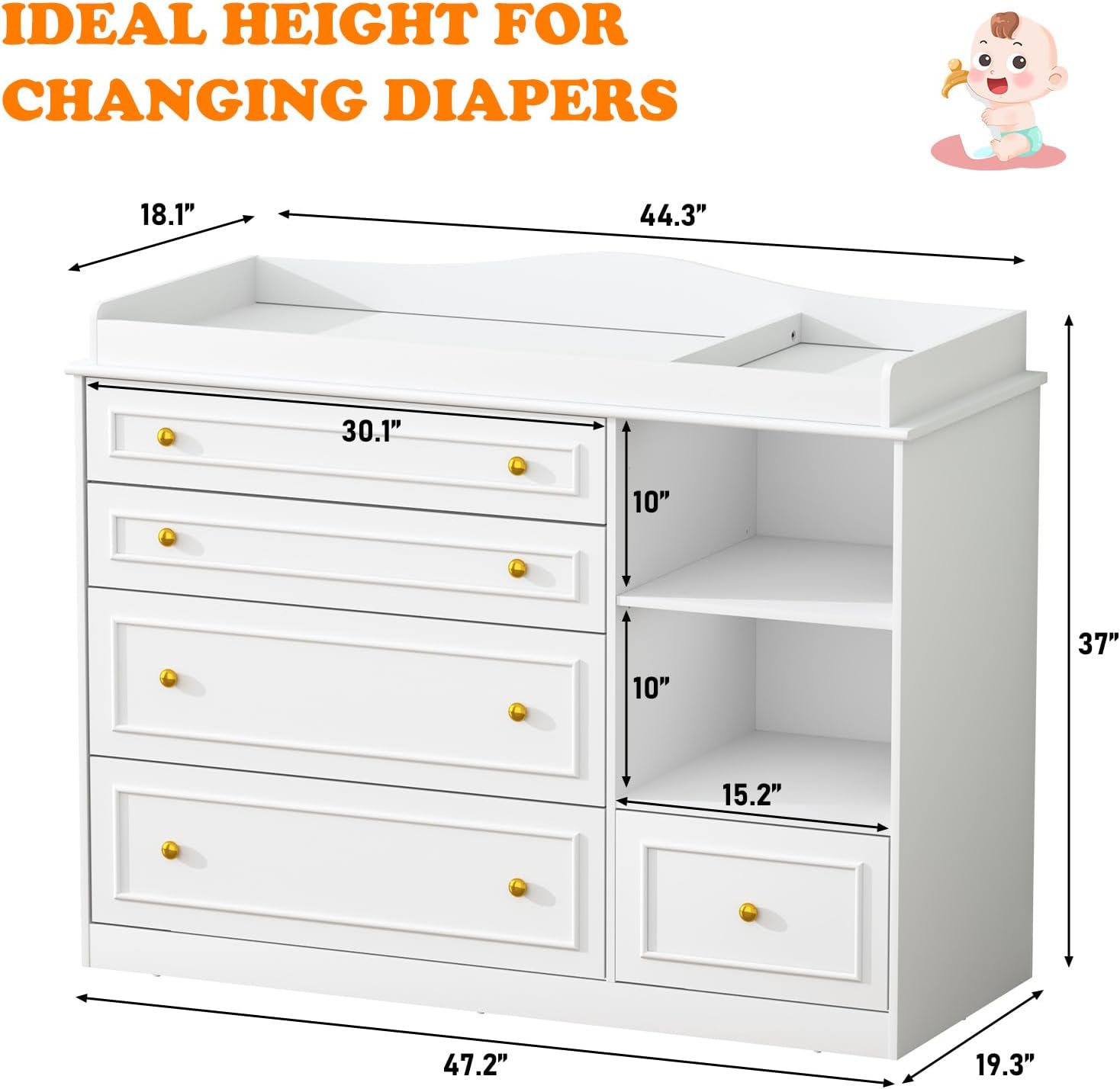 ChVans Changing Table Dresser, Baby Classic Nursery Dresser with 5 Drawers and 2 Shelves, Wood Chest of Drawers Nursery Storage Kids Organizer