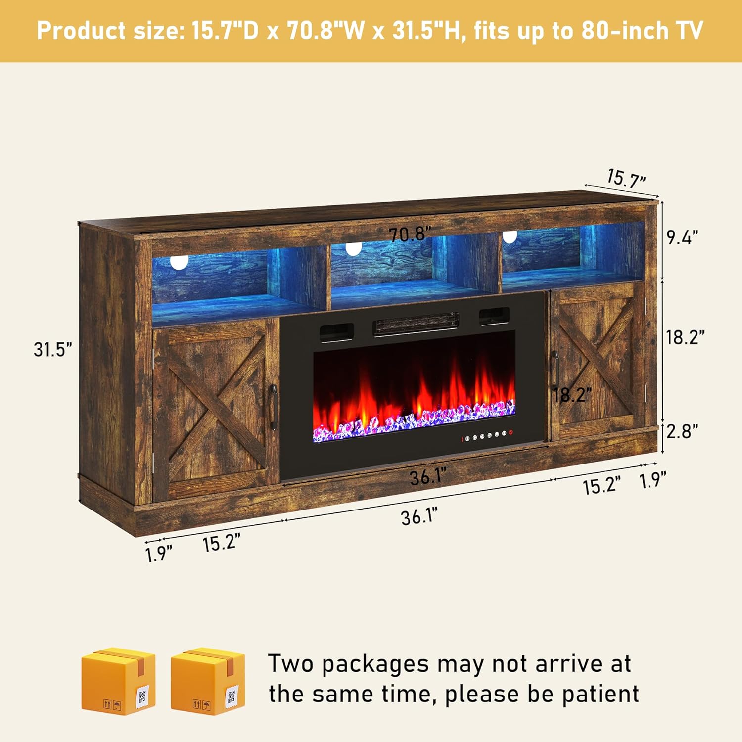 Fireplace TV Stand for 70/75/80 Inch TV with 36" Electric Fireplace, 70" Farmhouse Entertainment Center with LED Lights, Tall Media Console with Barn Door for Living Room, Bedroom