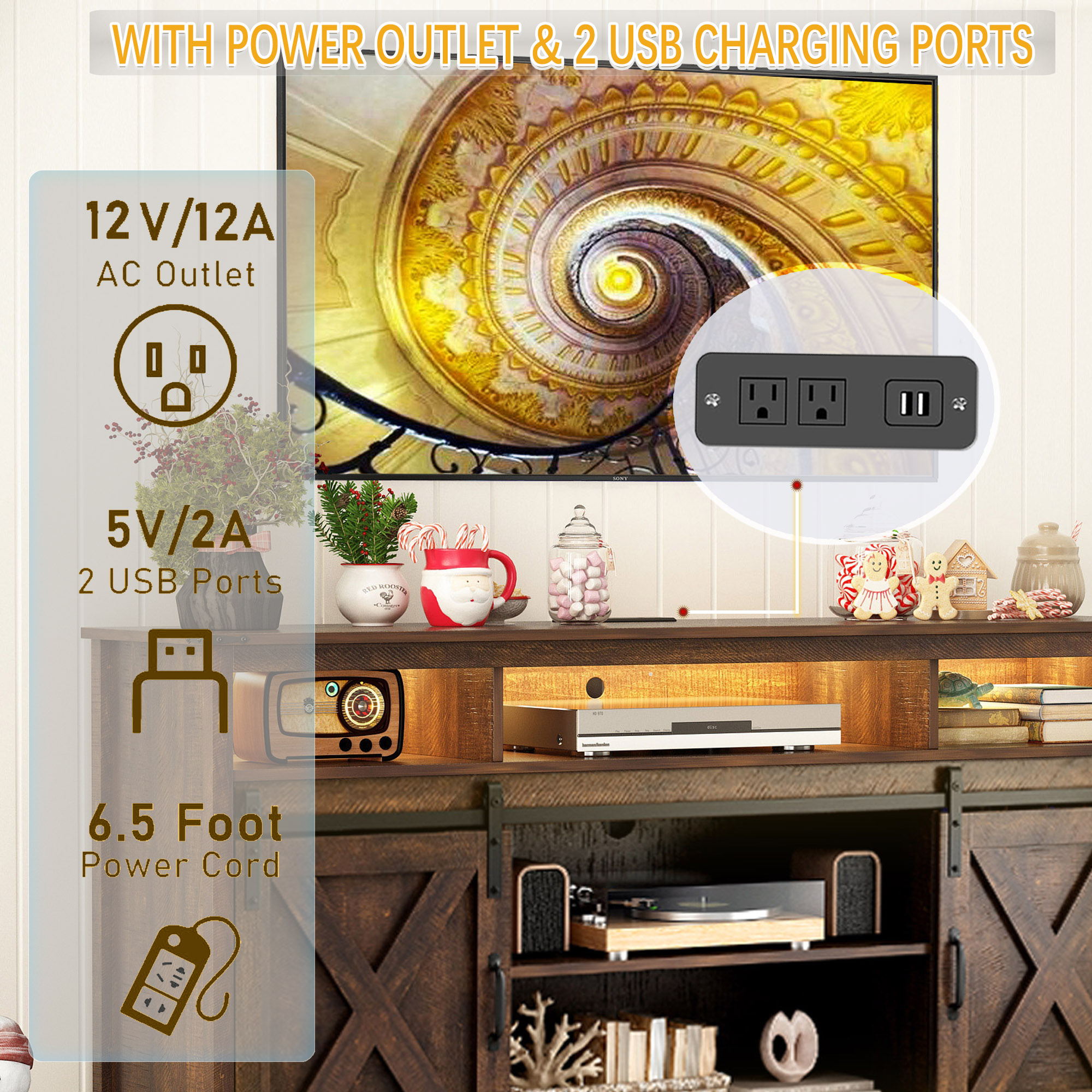 Farmhouse TV Stand for 65" 70" TVs with LED Light/Outlets USB Ports, 61" Large Entertainment Center with Sliding Barn Door & 4 Tier Storage