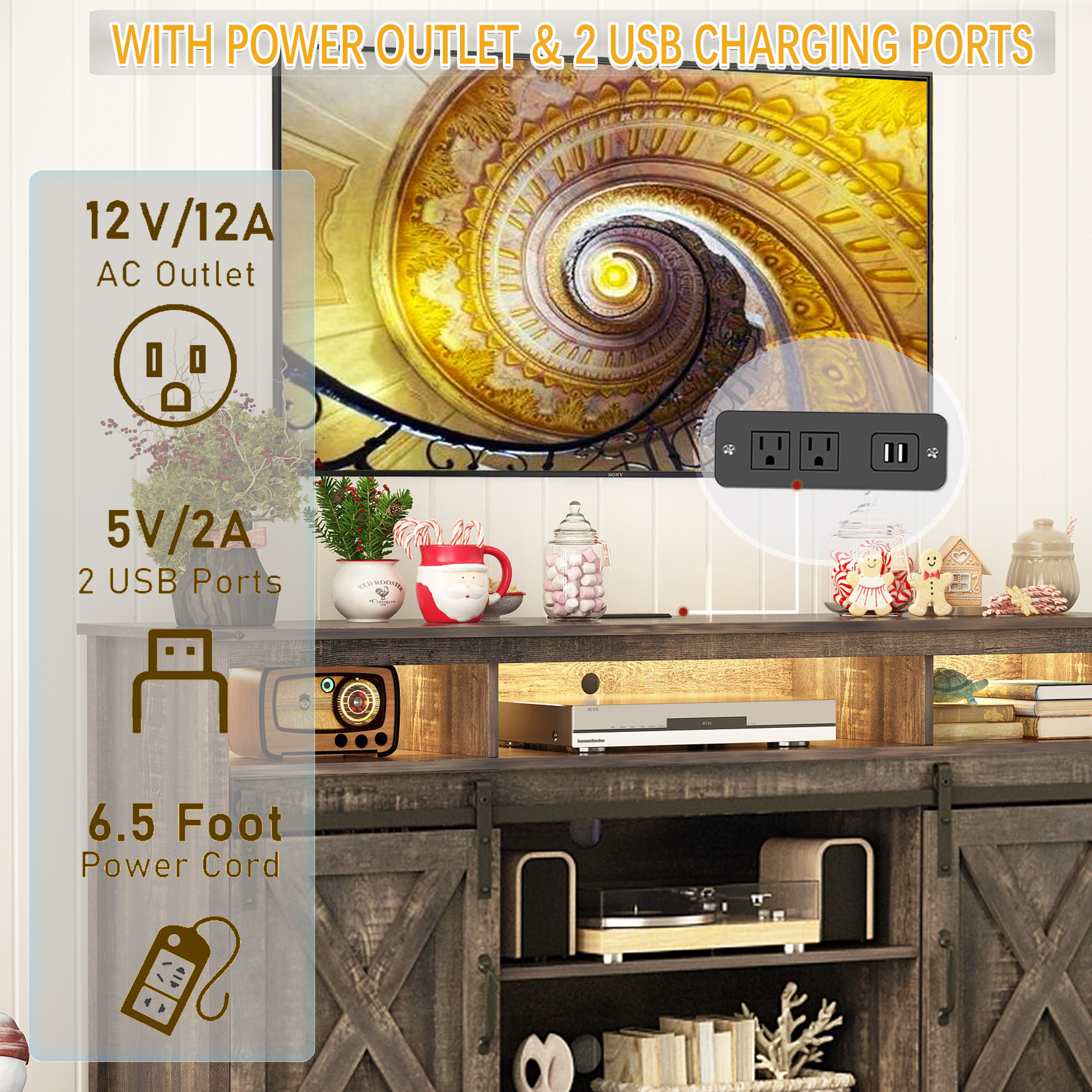 Farmhouse TV Stand for 65" 70" TVs with LED Light/Outlets USB Ports, 61" Large Entertainment Center with Sliding Barn Door & 4 Tier Storage