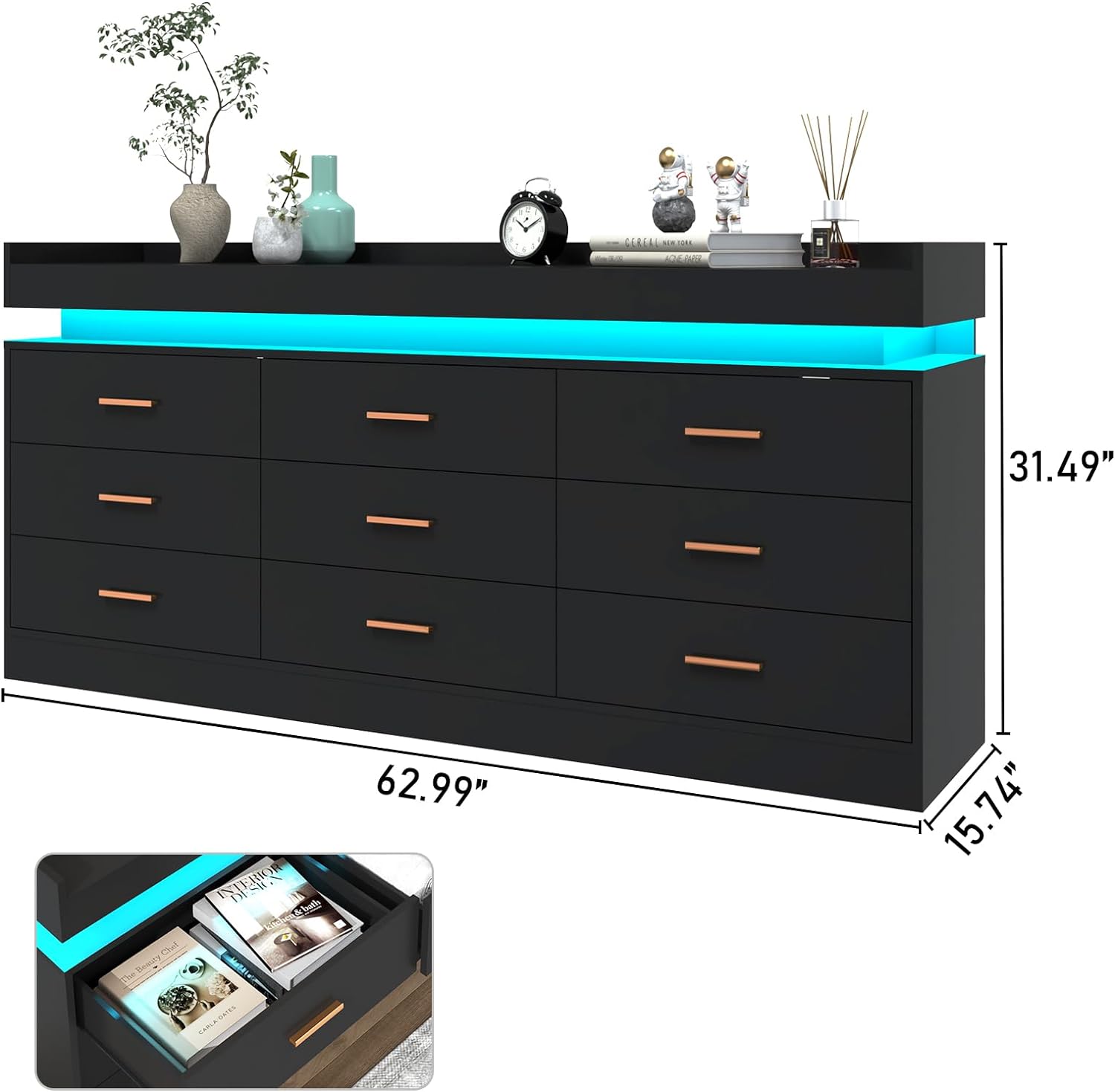 ChVans Black Dresser with LED Light, Modern Wood Dresser with Wide Drawers and Metal Handles, 9 drawer dresser for Bedroom, Living Room, Entryway, Hallway