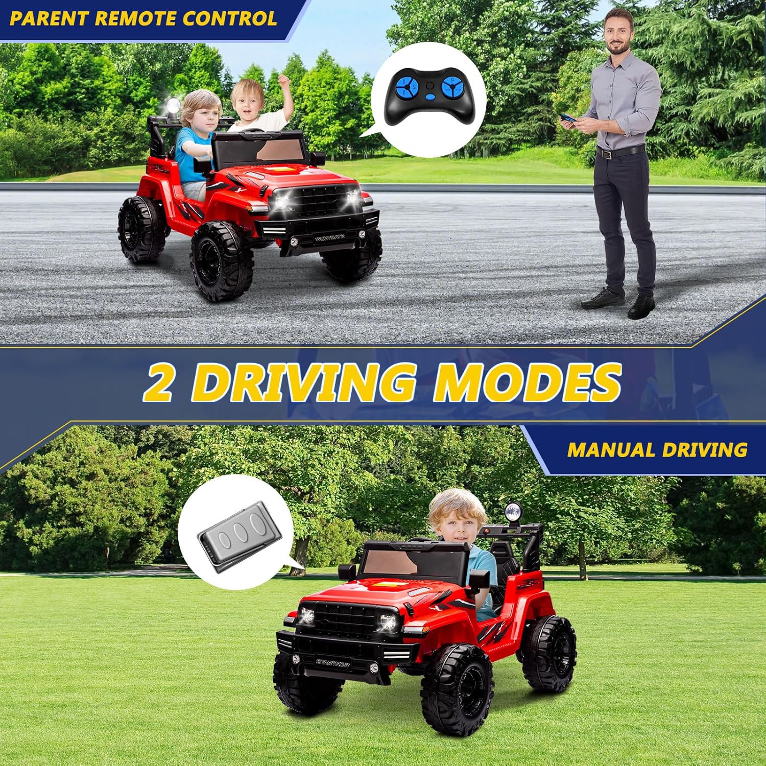 24V Kids Electric Ride on Car, 2-Seat Battery Powered Toy with LED Lights and Remote Control, Battery Powered Wheels Truck with USB Ports, MP3 Player, for Boys, Girls