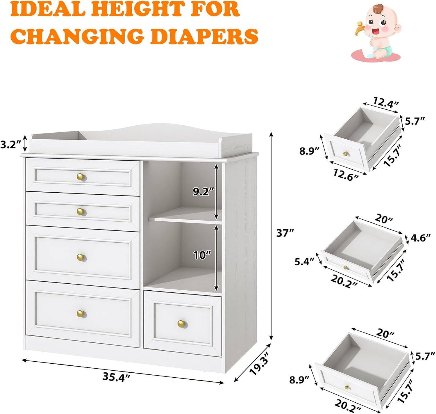ChVans Changing Table Dresser, Baby Classic Nursery Dresser with 5 Drawers & Open Storage Shelves, Convertible Nursery Dresser Chest of Drawers