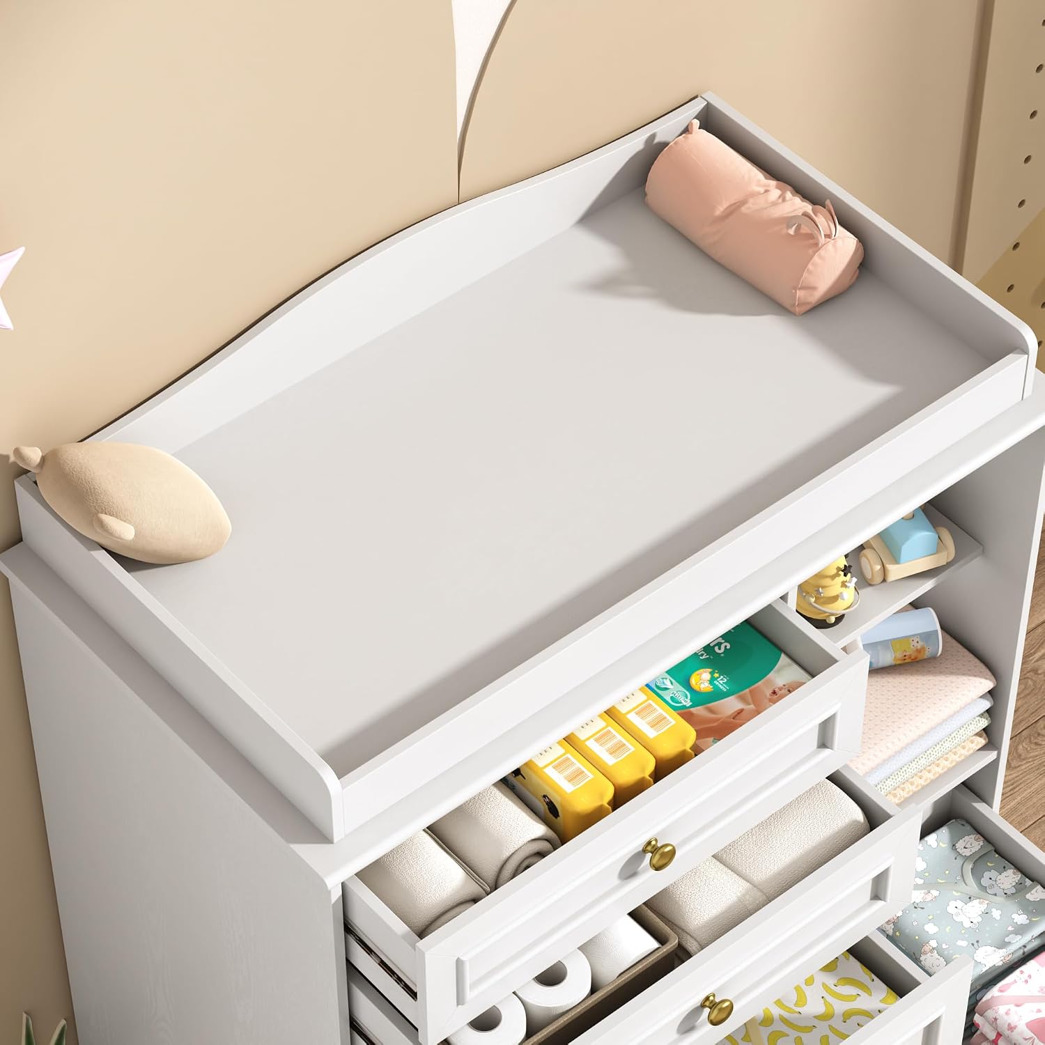 ChVans Changing Table Dresser, Baby Classic Nursery Dresser with 5 Drawers & Open Storage Shelves, Convertible Nursery Dresser Chest of Drawers