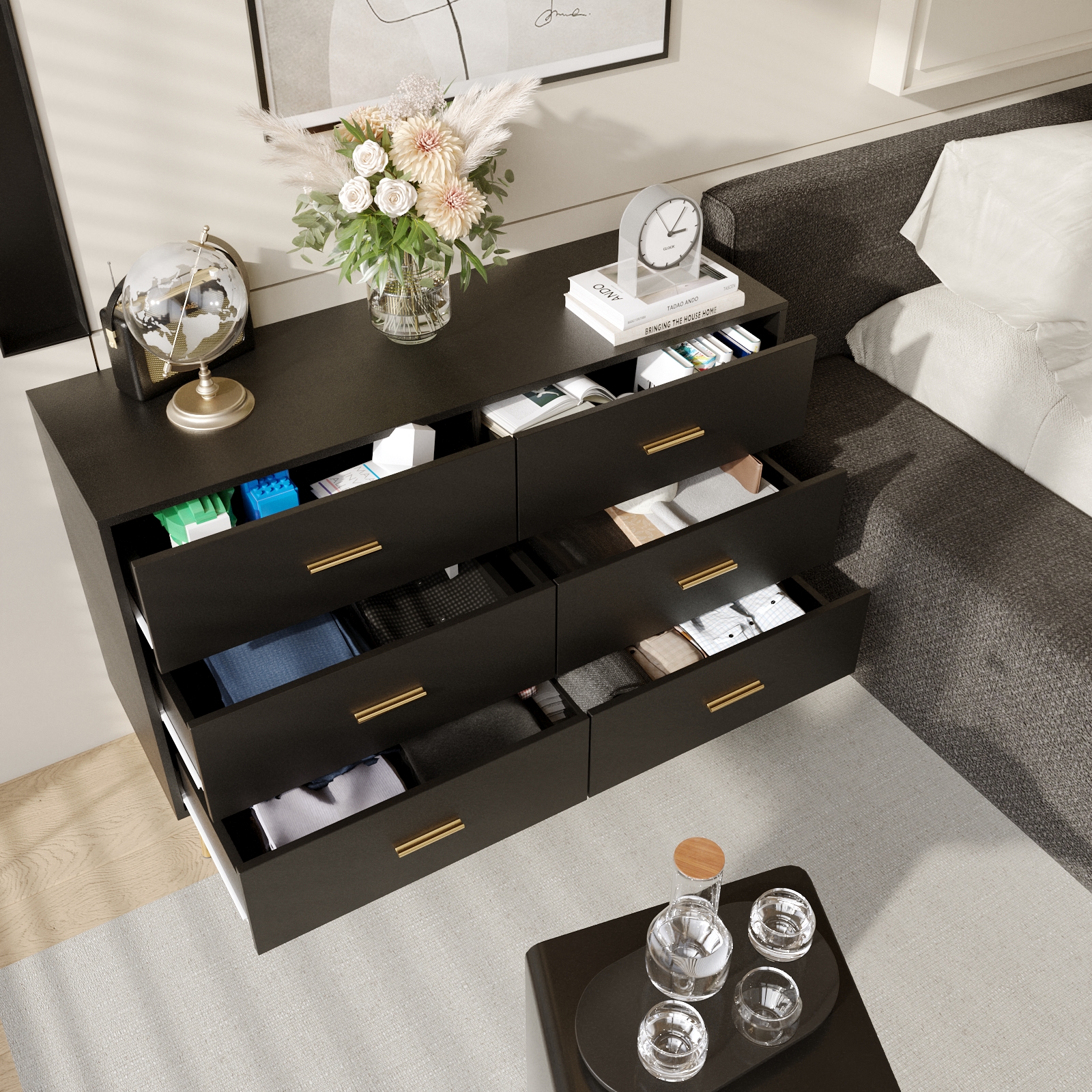 6 Drawer Dresser for Bedroom, Modern Wood Dresser with Wide Drawers and Metal Handles, Storage Chest of Drawers for Living Room Hallway Entryway