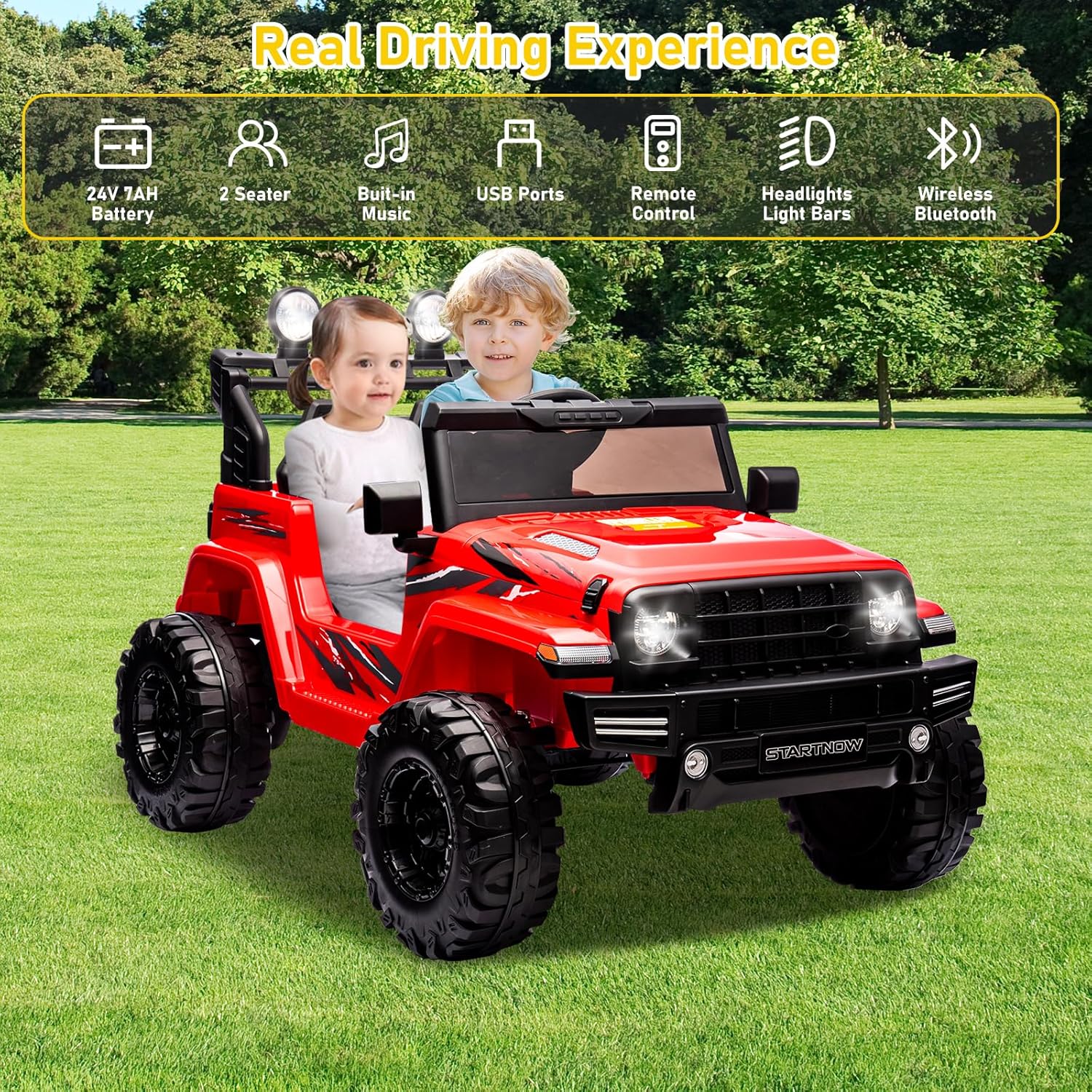 24 Volt Kids Electric Car Kids Ride On Car with Remote Control, 2-Seater Battery Powered Toy Car with LED Lights, Wheels Suspension, Music, Horn, 110 lbs Load