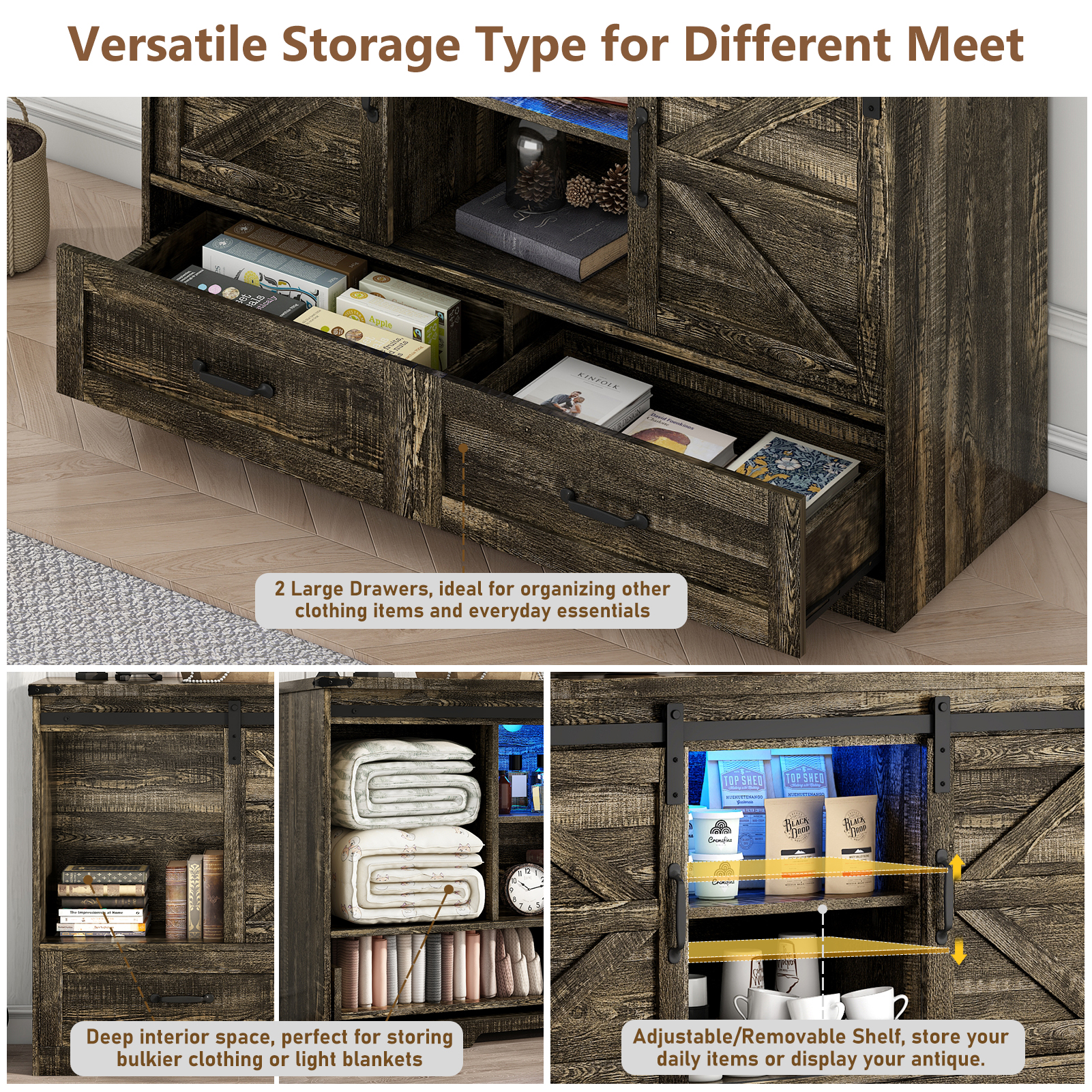 ChVans 47'' Farmhouse Dresser with LED Light & Power Outlet, 2 Drawers, 2 Sliding Doors, 2 Storage layers, Rustic Dresser TV Stand for 60in TV, Wood Storage Cabinet for Bedroom, Living Room, Hallway