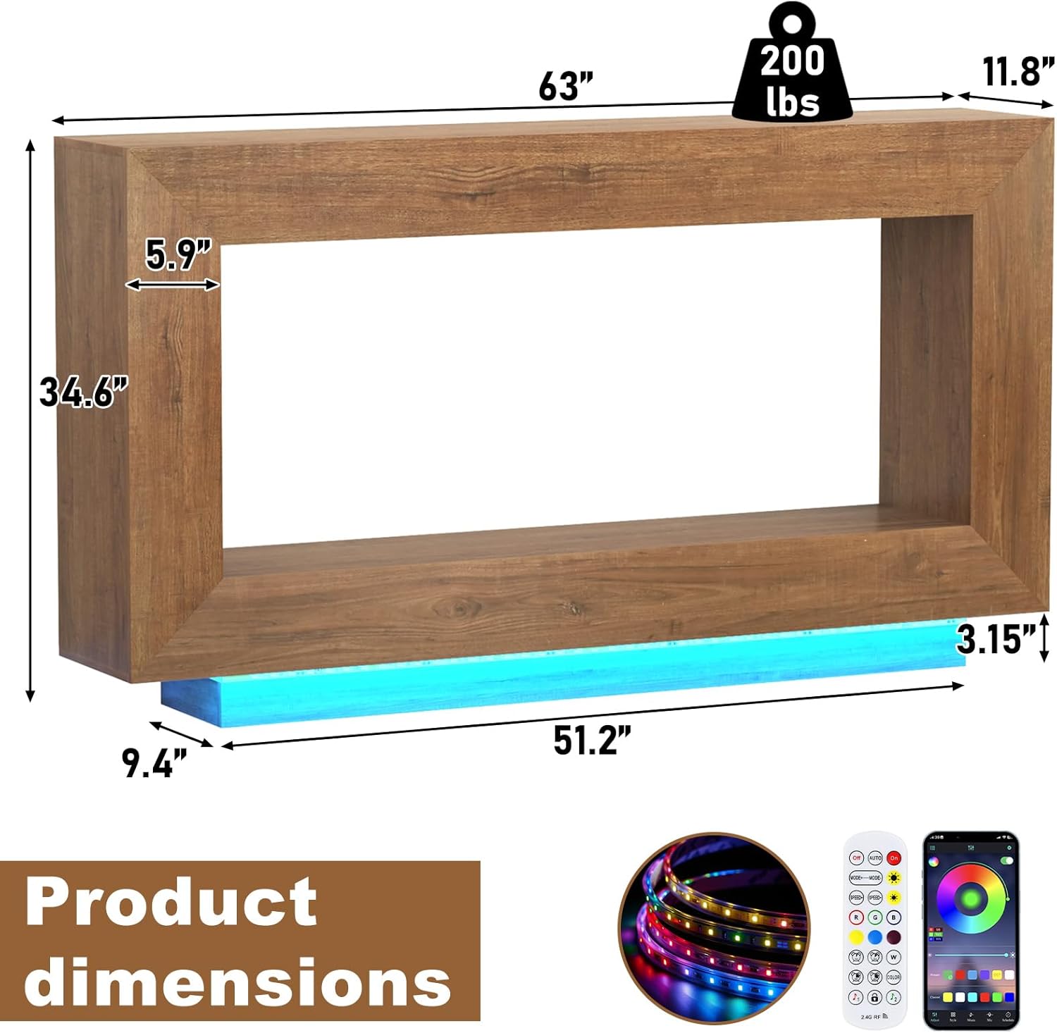 63" Long Farmhouse Console Table, Wood Entryway Accent Table with Storage & LED Lights, Floating Design for Living Room, Entrance, Hallway, Foyer