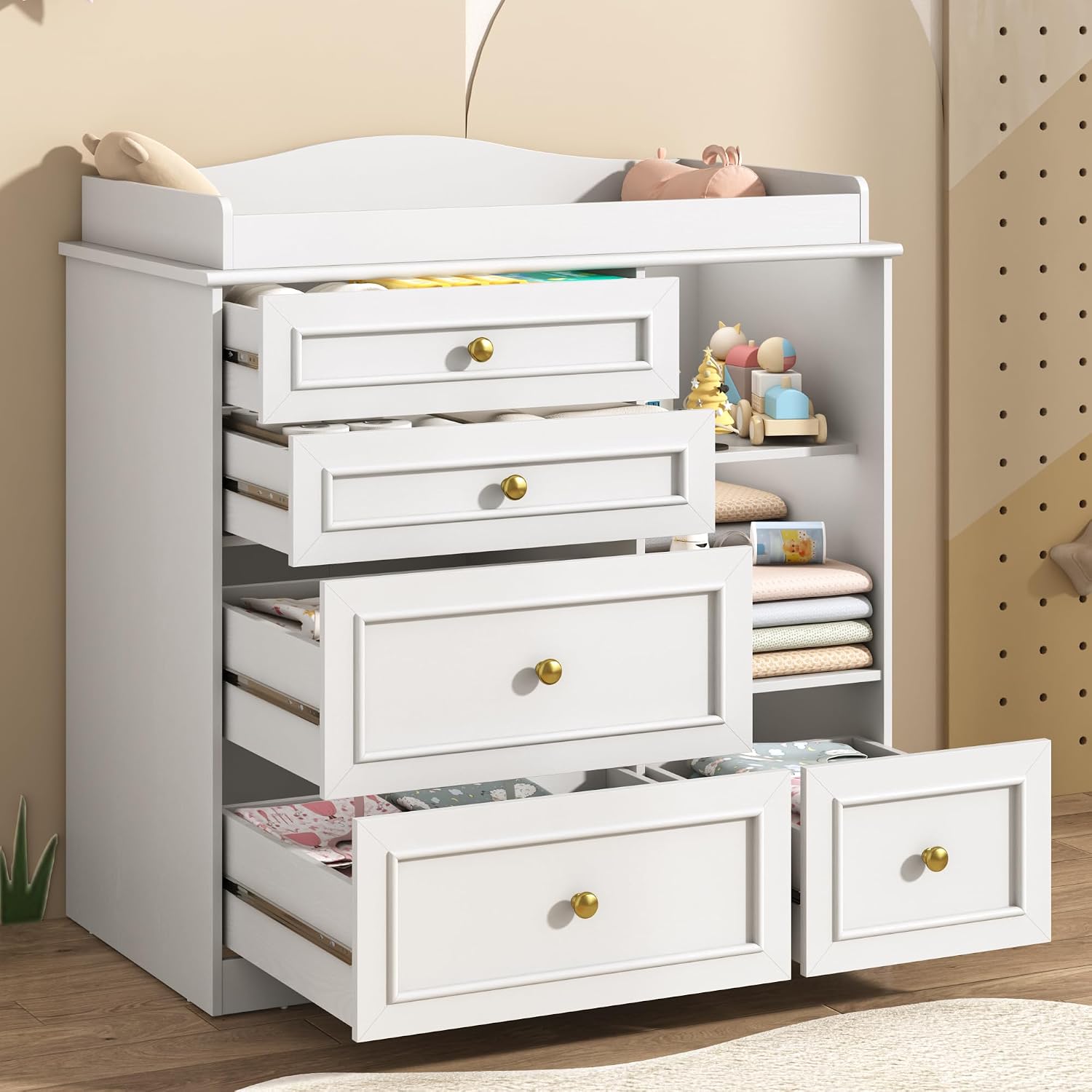 ChVans Changing Table Dresser, Baby Classic Nursery Dresser with 5 Drawers & Open Storage Shelves, Convertible Nursery Dresser Chest of Drawers