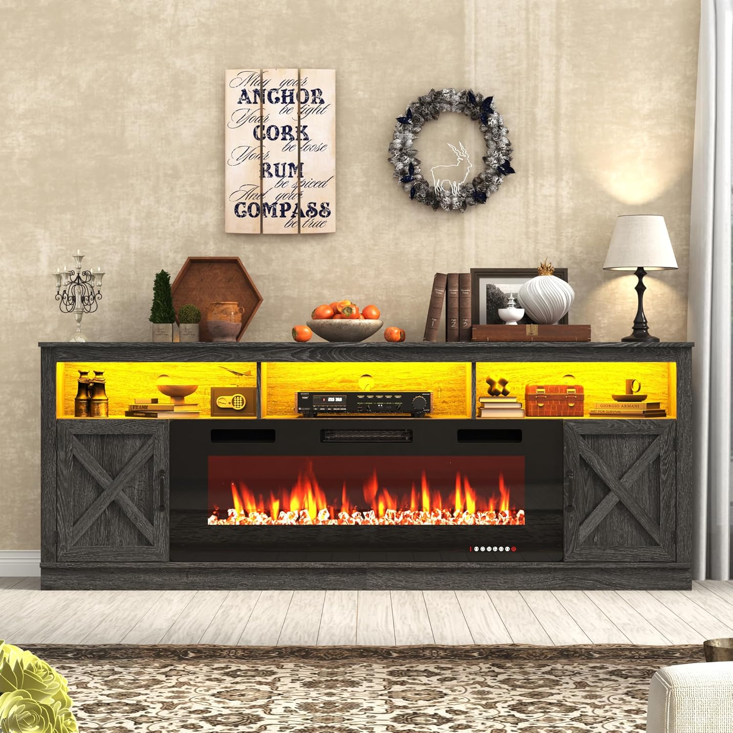 ChVans 83" Fireplace TV Stand for TVs up to 95" with 50" Electric Fireplace, Farmhouse Entertainment Center with LED, Wooden Media Console for Living Room, Bedroom