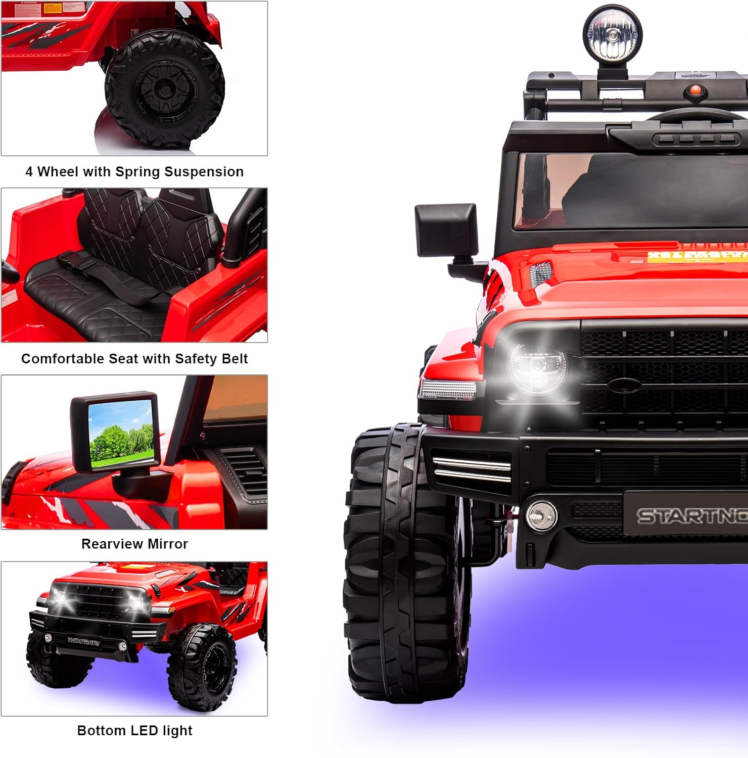 24V Kids Electric Ride on Car, 2-Seat Battery Powered Toy with LED Lights and Remote Control, Battery Powered Wheels Truck with USB Ports, MP3 Player, for Boys, Girls