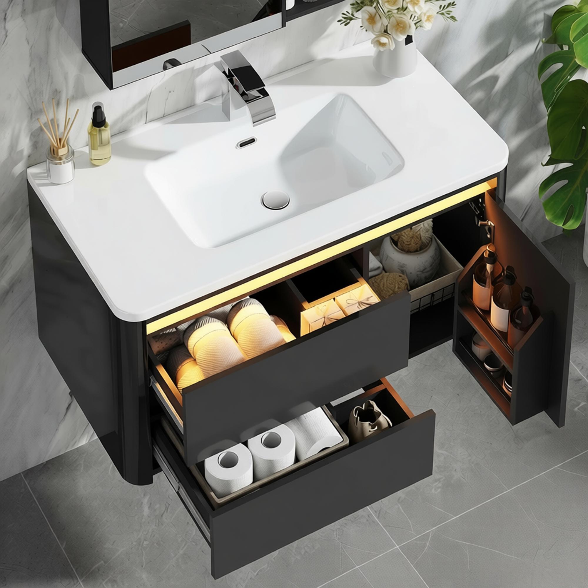 36 Inch Wall Mounted Bathroom Vanity with Sink and Mirror Cabinet,Modern Floating Bathroom Storage Cabinet with 2 Drawers and Soft Closing Door