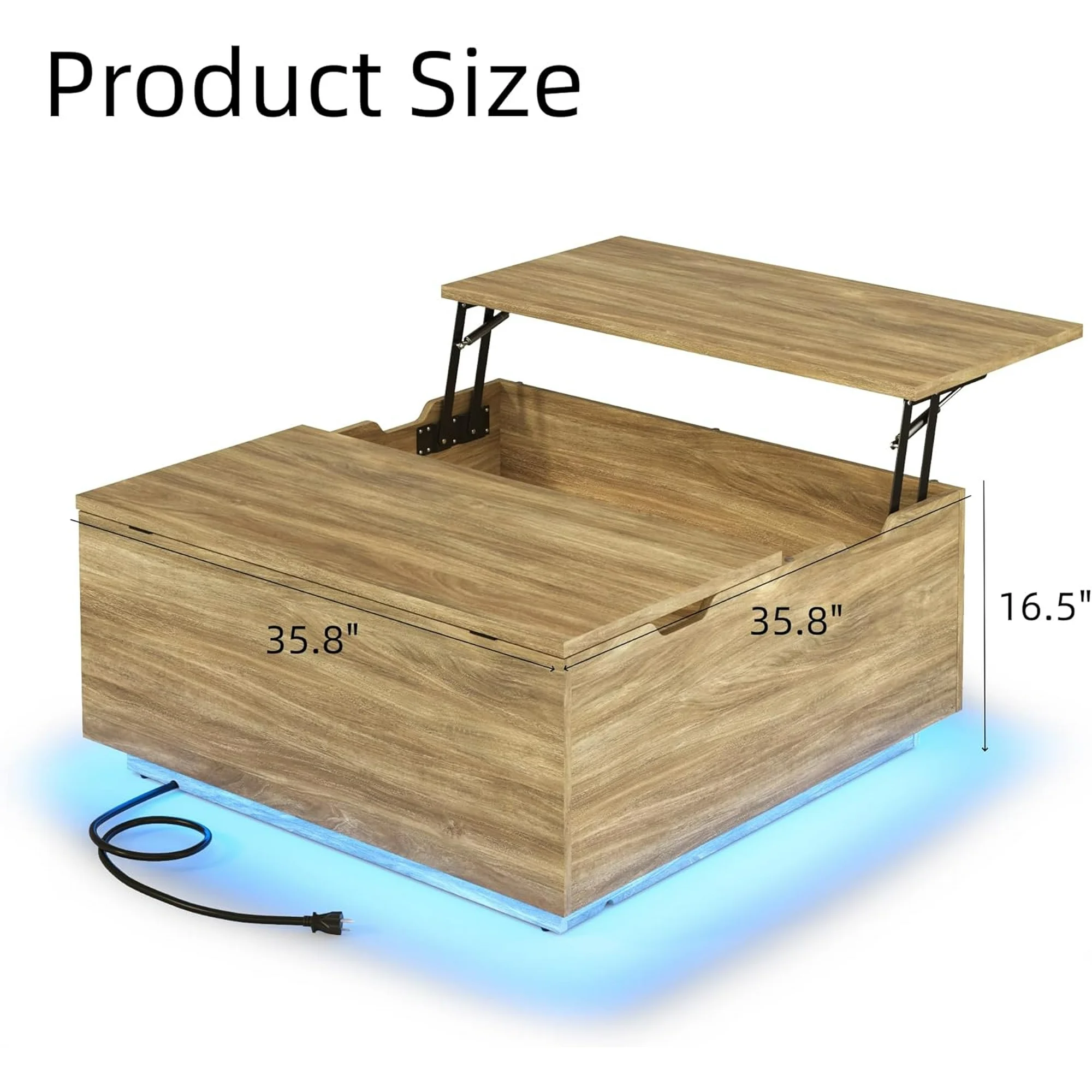 Lift Top Coffee Table with Led Light and Charging Station, 36" Modern Walnut finish Coffee Table with Large Hidden Space, Square Center Coffee Tables for Living Room, Office