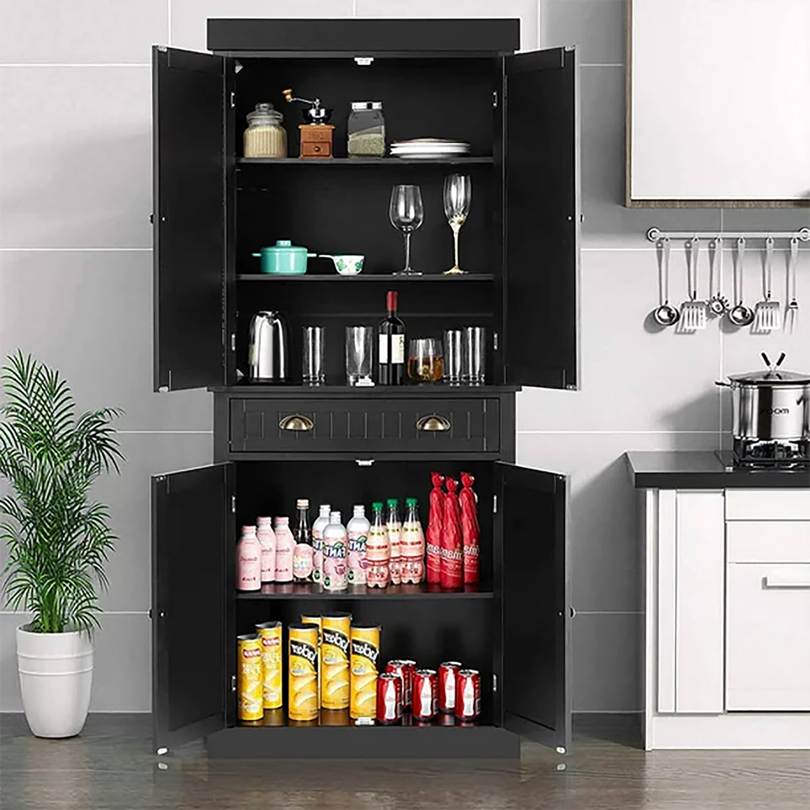 Kitchen Pantry Storage Cabinet, 72" Traditional Kitchen Pantry Cabinet, 6-Tier Freestanding Buffet Cupboards for Kitchen Storage