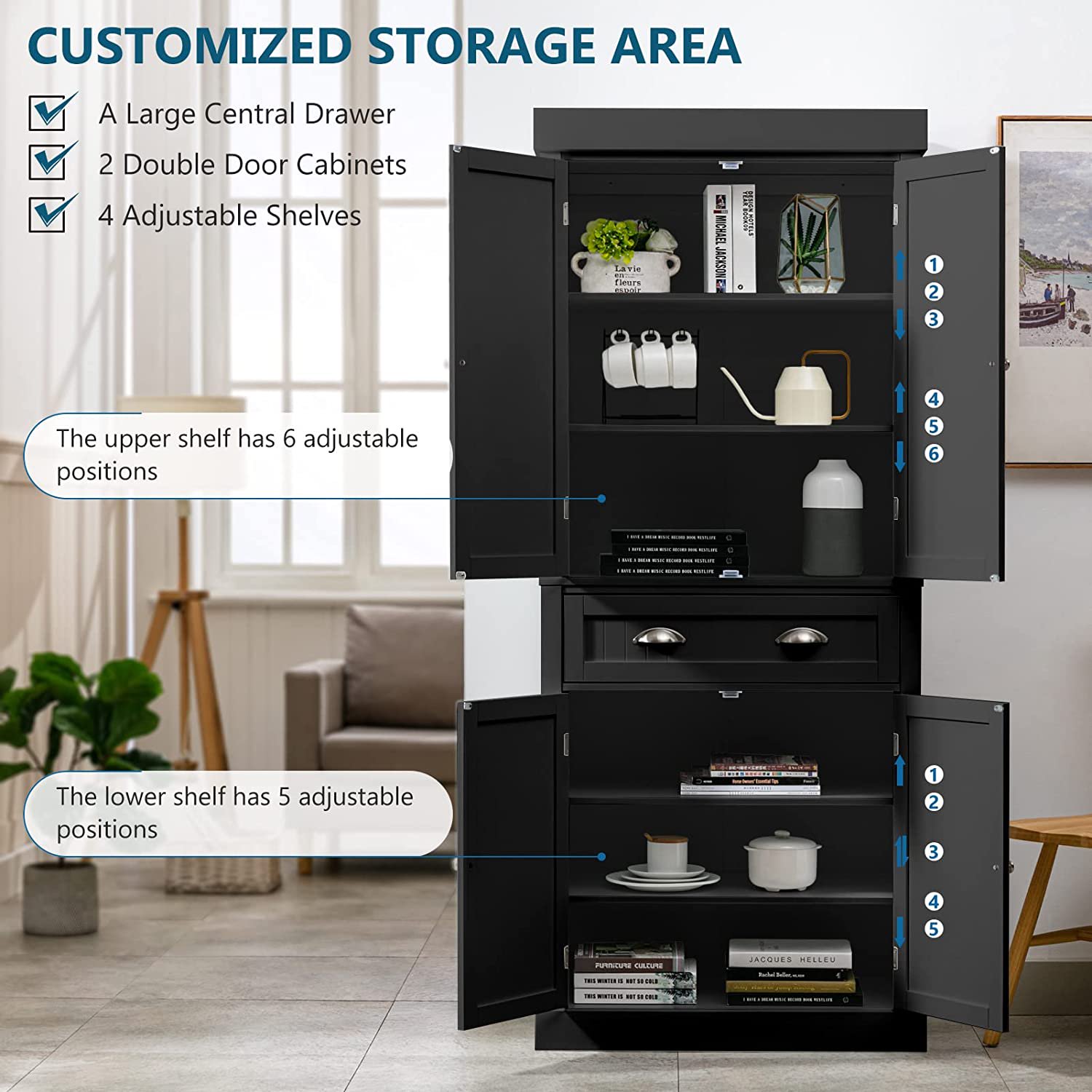Kitchen Pantry Storage Cabinet, 72" Traditional Kitchen Pantry Cabinet, 6-Tier Freestanding Buffet Cupboards for Kitchen Storage