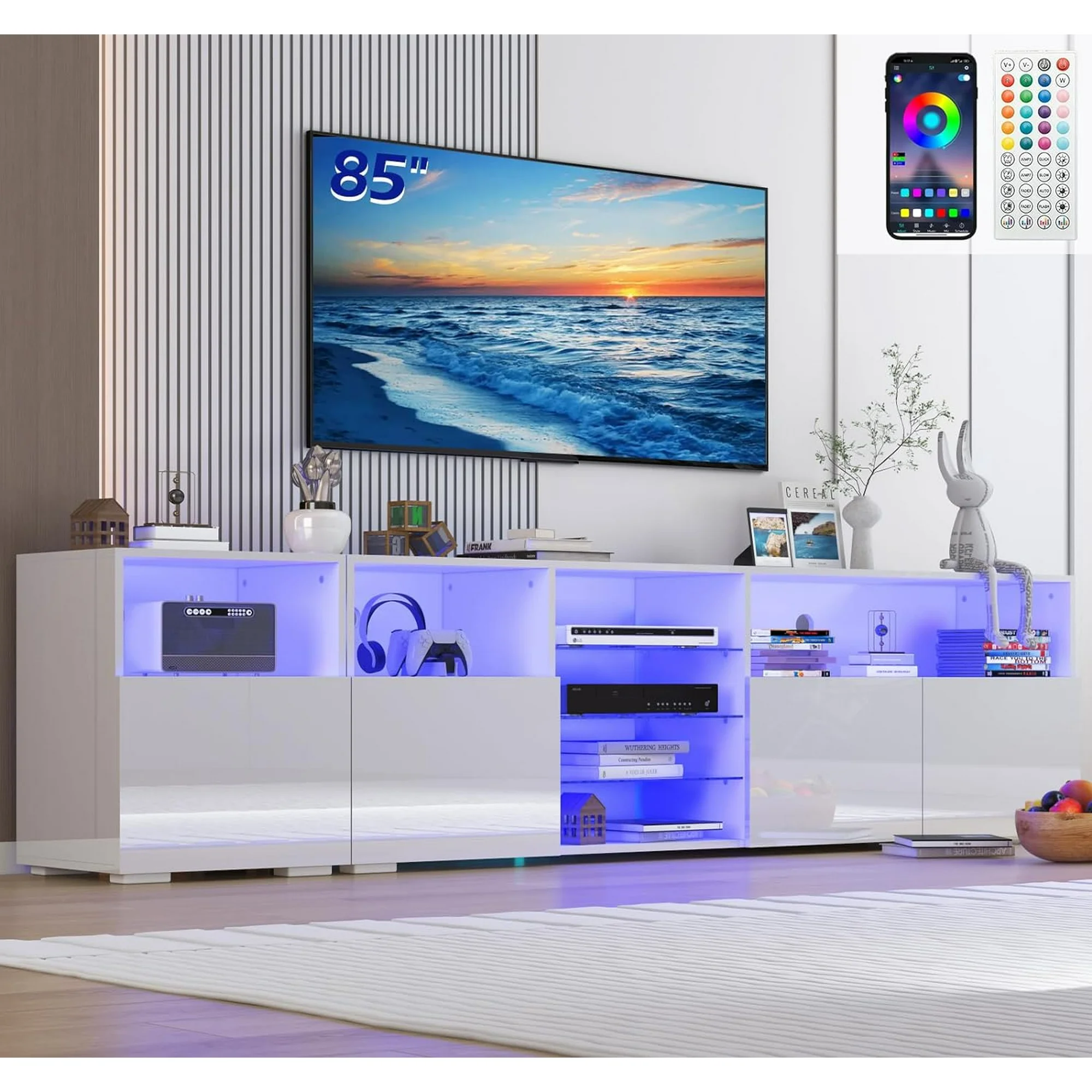 LED TV Stand for 80/85inch, High Glassy Modern TV Console Entertainment Center with LED Lights and Cabinets for Living Room, Bedroom
