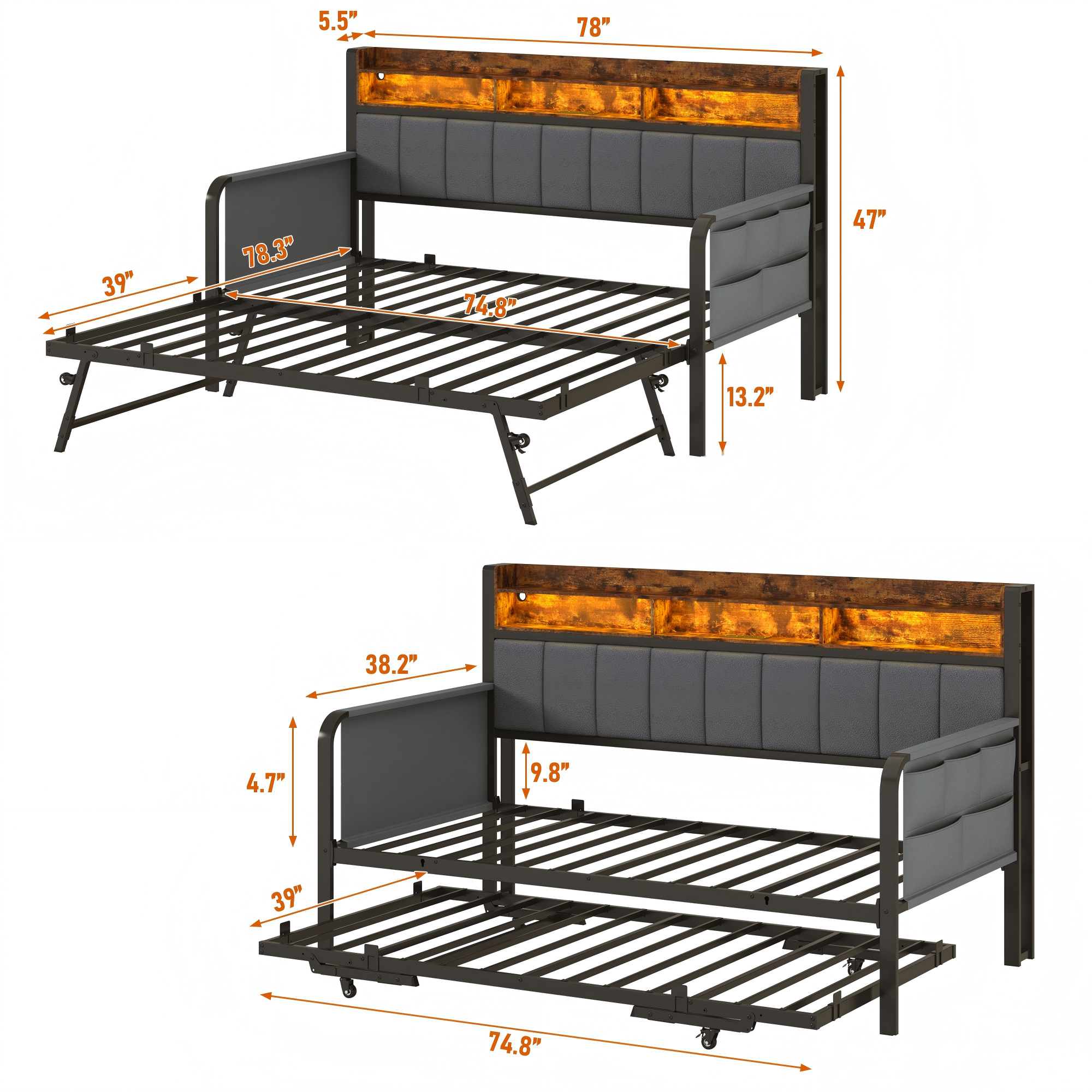 ANPOO Twin Daybed with Trundle, Upholstered Sofa Bed Frame with Charging Station & LED Lights, Heavy Duty Metal Day Bed with Storage Pockets, No Box Spring Needed, for Living Room Bedroom
