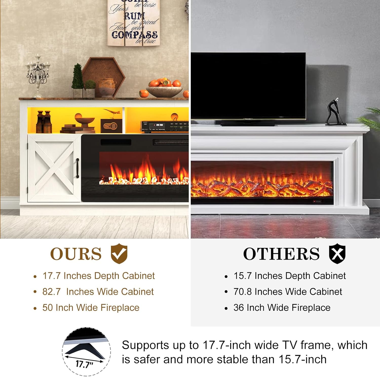 ChVans 83" Fireplace TV Stand for TVs up to 95" with 50" Electric Fireplace, Farmhouse Entertainment Center with LED, Wooden Media Console for Living Room, Bedroom