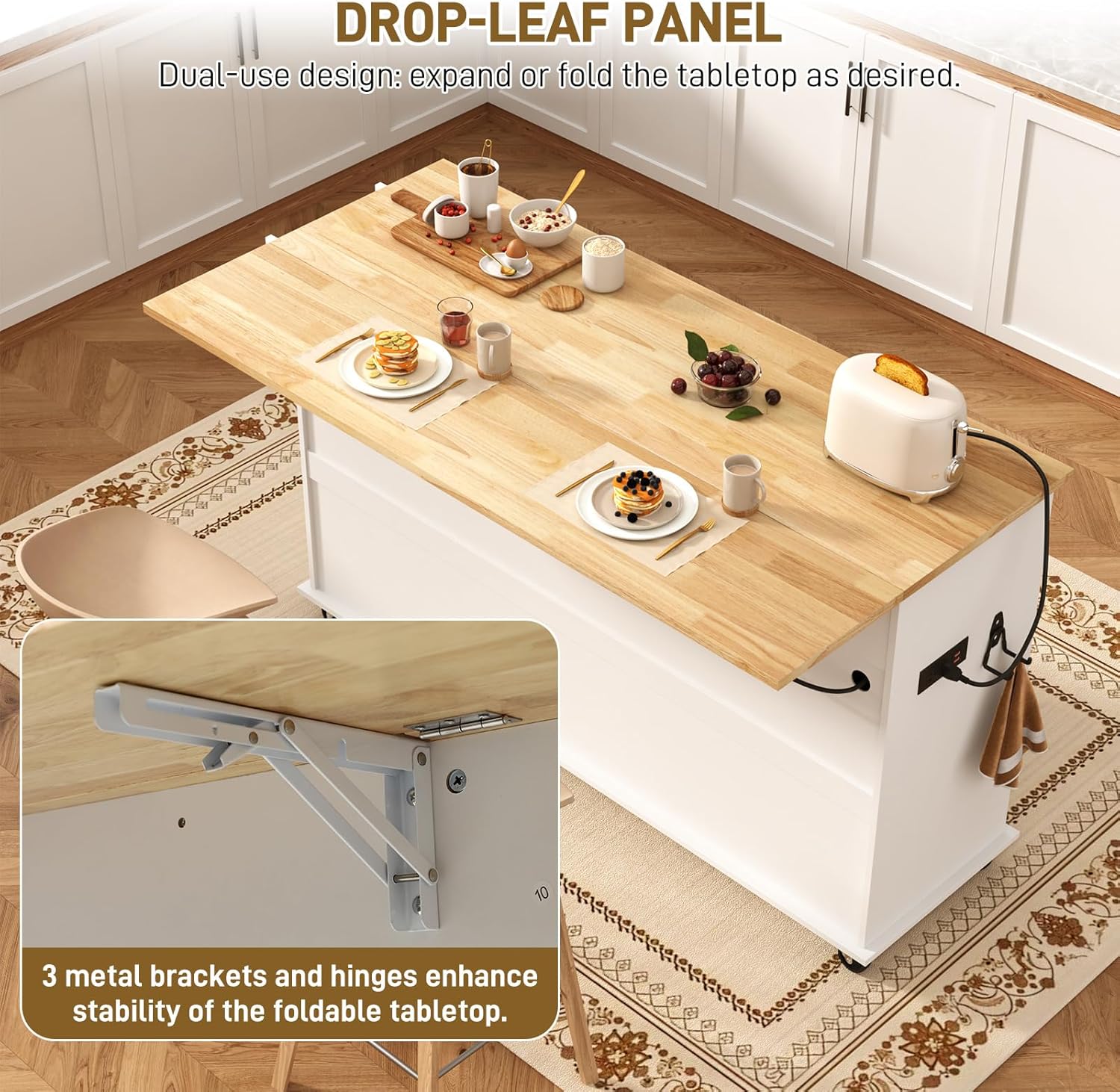 ChVans 59" Kitchen Island On Wheels, Rolling Kitchen Island Cart with Drop Leaf Countertop, Portable Mobile Kitchen Island with Towel Rack, Spice Rack Shelf and Lockable Wheels