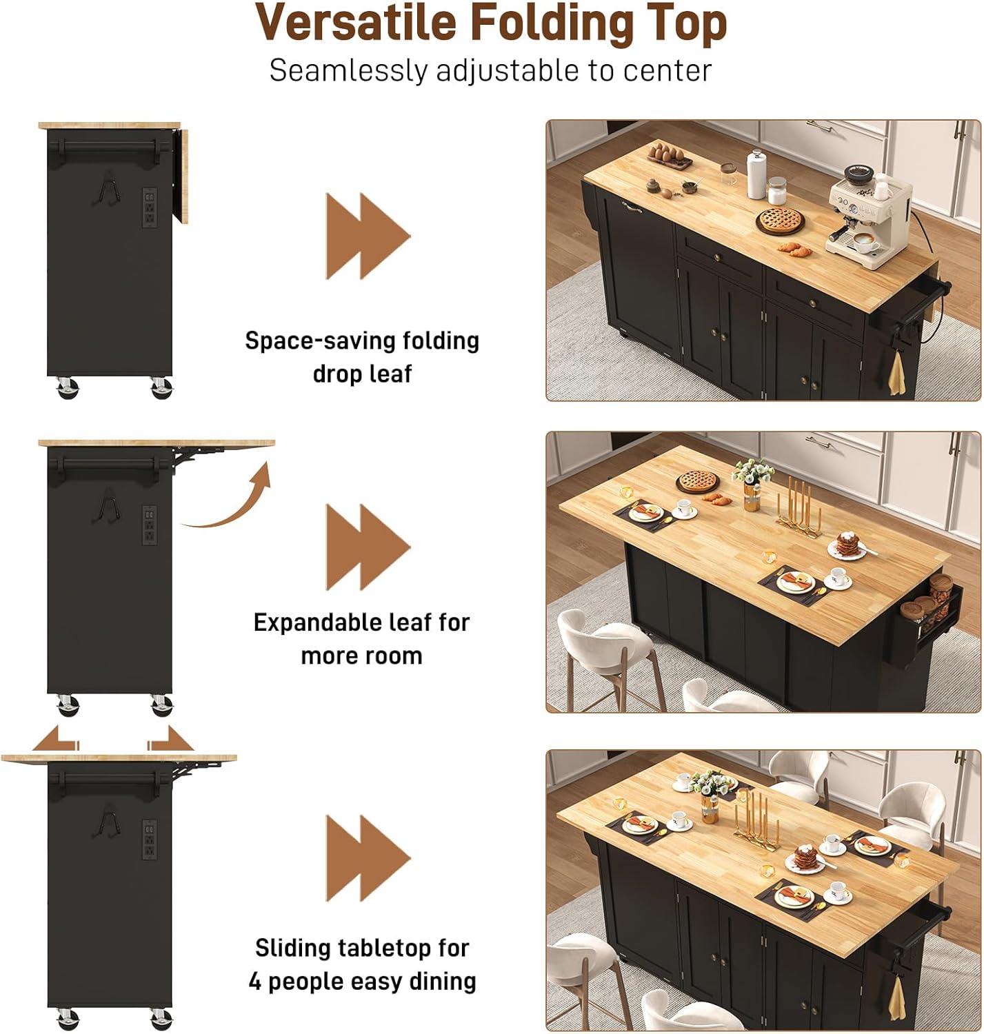 ANPOO 67" Rolling Kitchen Island with Drop Leaf, Tilt Out Kitchen Trash Cabinet 10 Gallon Storage, Kitchen Cart Island with Rubber wood Top, Spice Rack and Drawers