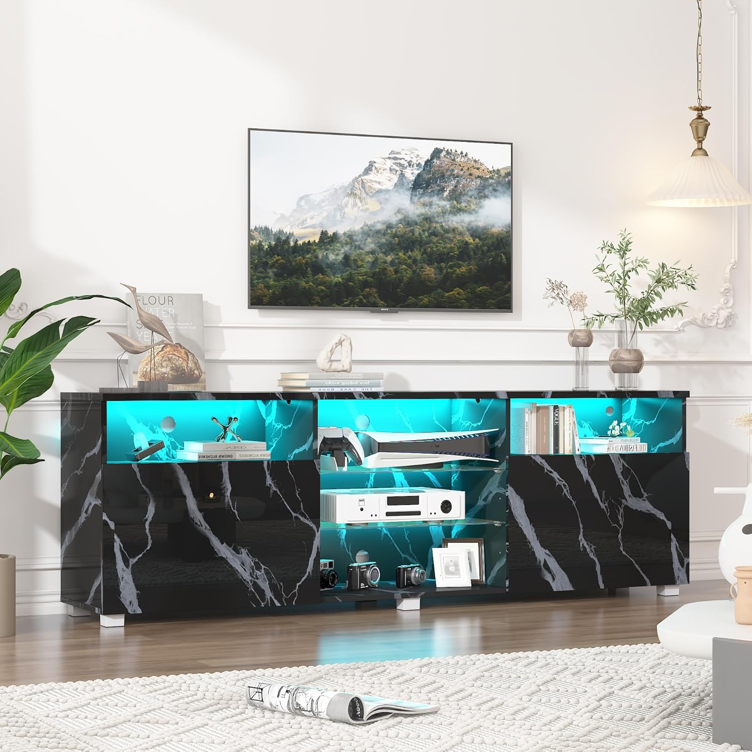 ANPOO LED TV Stand for 70/75/80 inch TV, High Glossy Entertainment Center with Drawer and Led Lights, Media Console for Living Game Room Bedroom