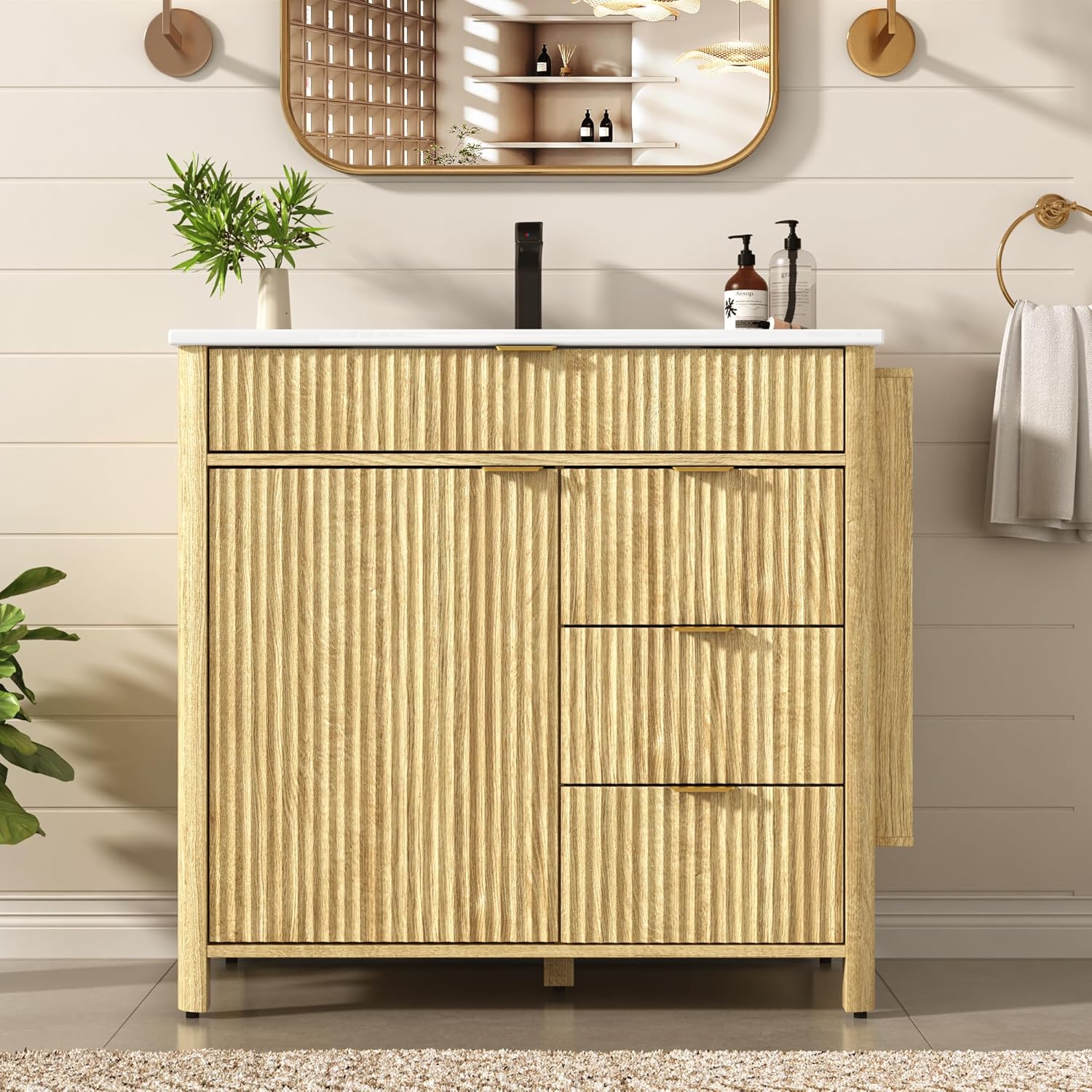 ANPOO 36" Bathroom Vanity with Sink & Faucet & Sewer Pipes, Mid-Century Modern Vanity with Ceramic Basin and Fluted Soft-Close Doors, Freestanding Bath Storage Vanity Sink Combo Set