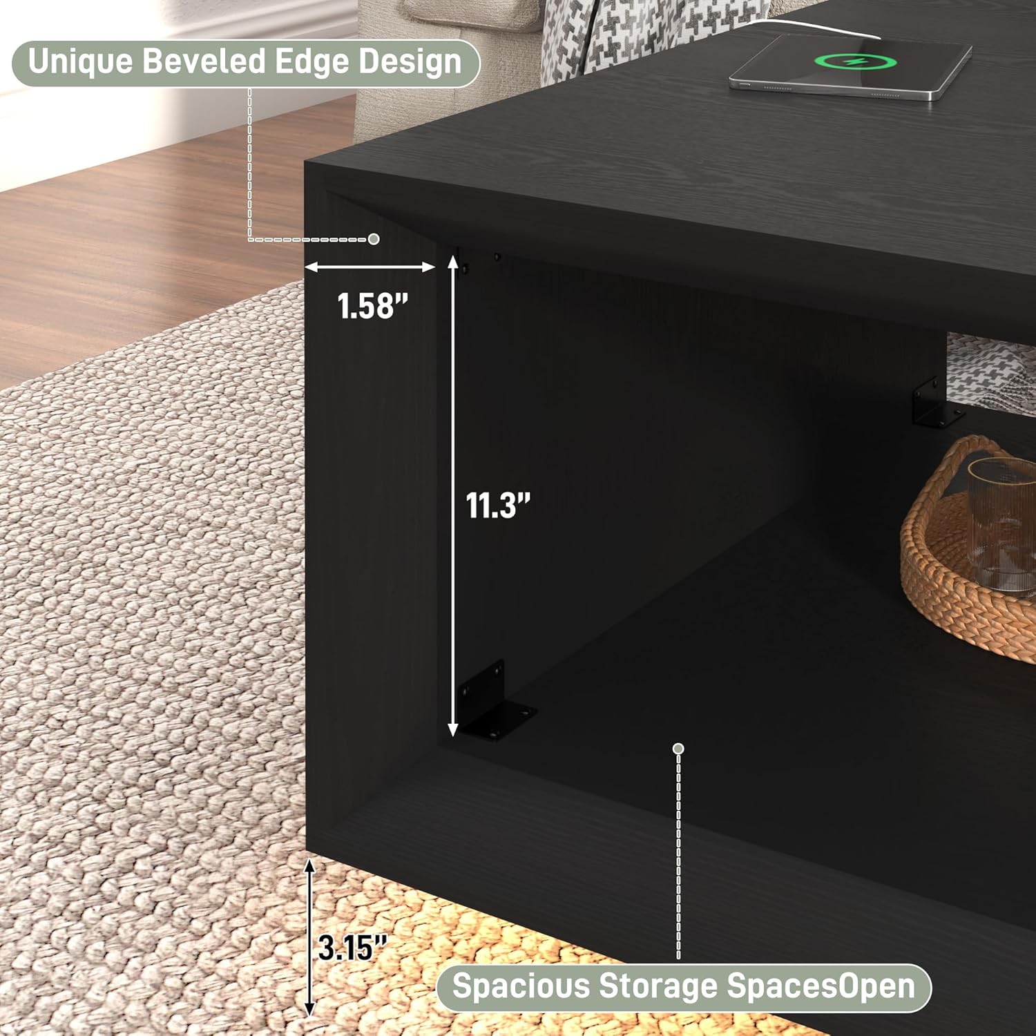 ANPOO 32" Mid Century Modern Square Coffee Table with LED Light & Power Outlet, 2-Tier Wood Cocktail Table with Storage for Living Room