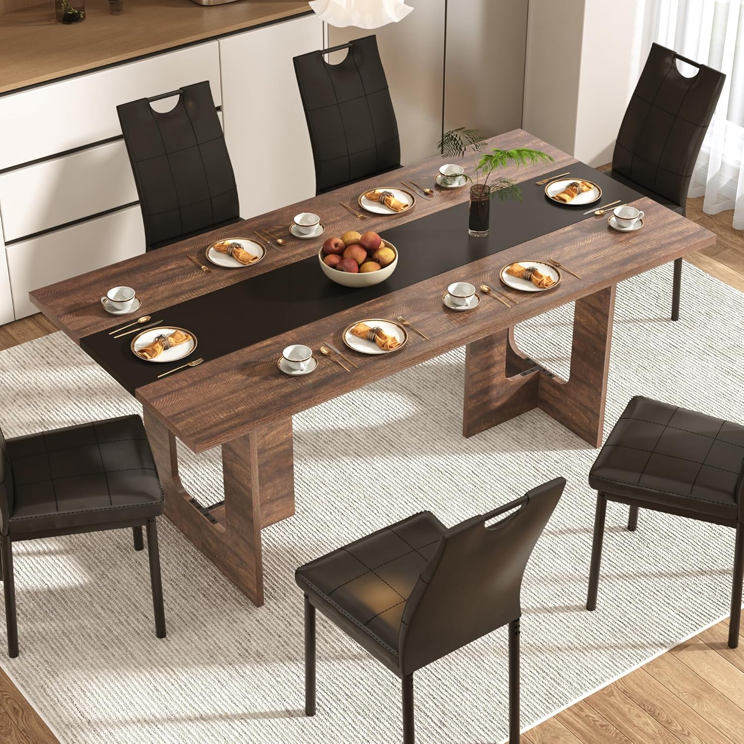 ANPOO 7 Piece Dining Table Set with 6 Chairs, 71" Kitchen Table & Chairs Set for 4-8 People, Rectangle Dining Table with Wooden Legs for Dining Room, Living Room
